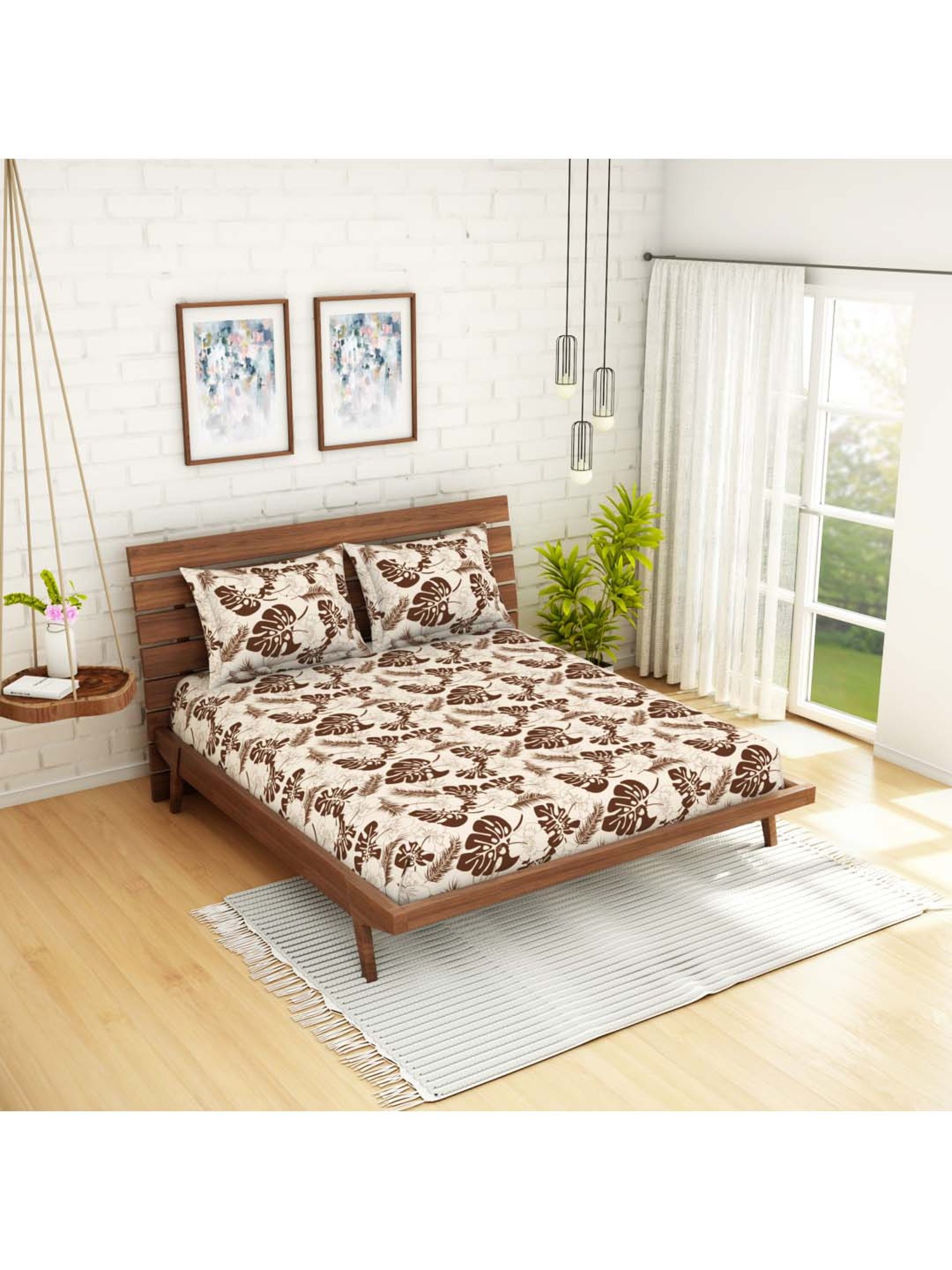SWHF Beige & Brown Cotton 111 TC Double Bedsheet Sets