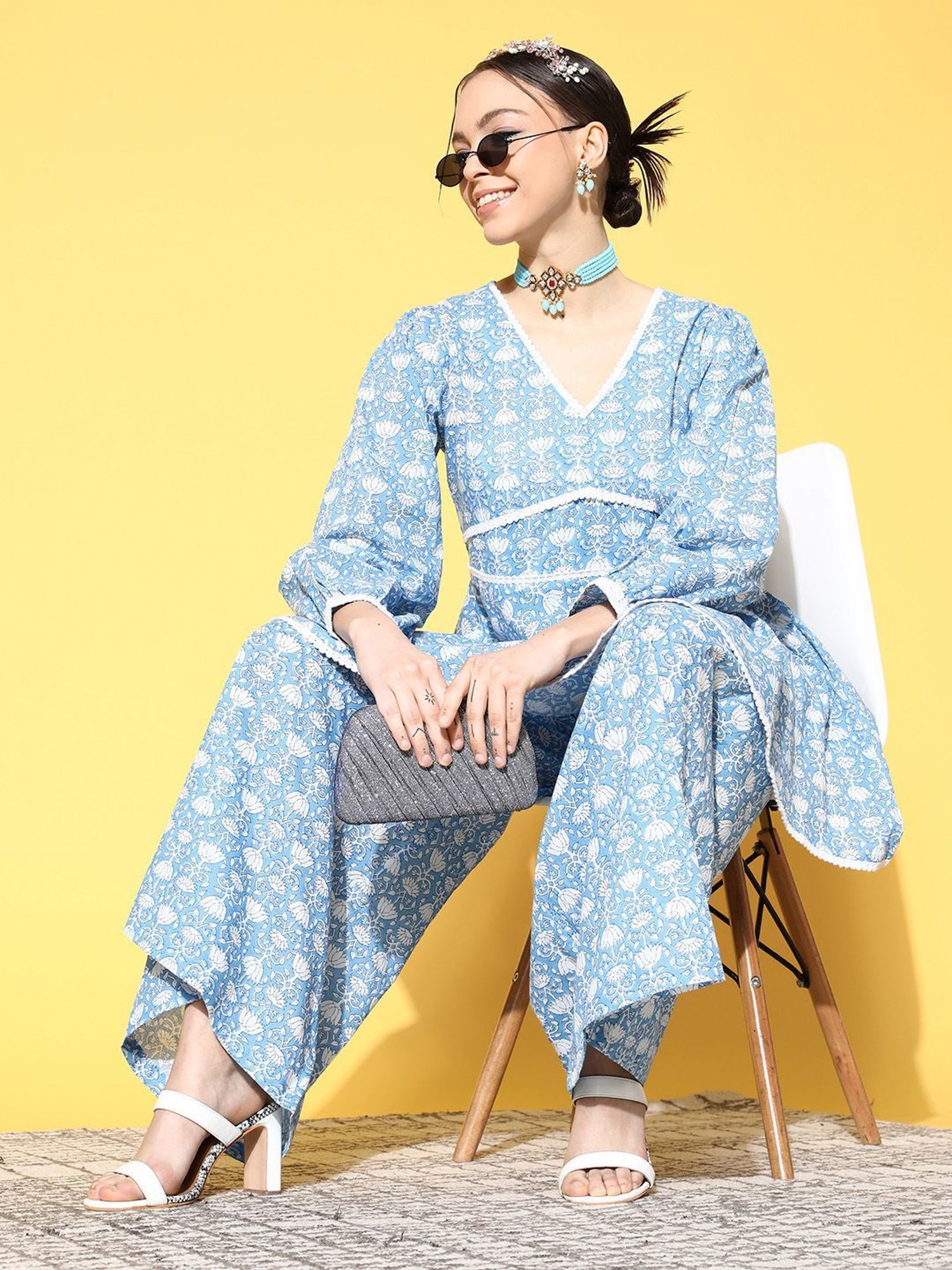 Prakrti Blue Cotton Printed Kurti Sharara Set