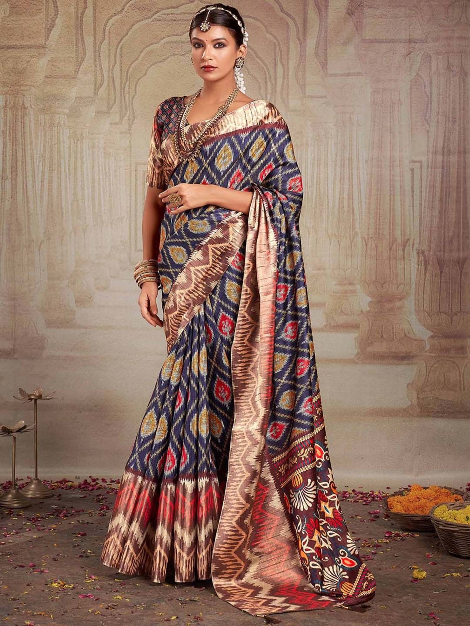 Saree Mall Navy Printed Saree With Unstitched Blouse