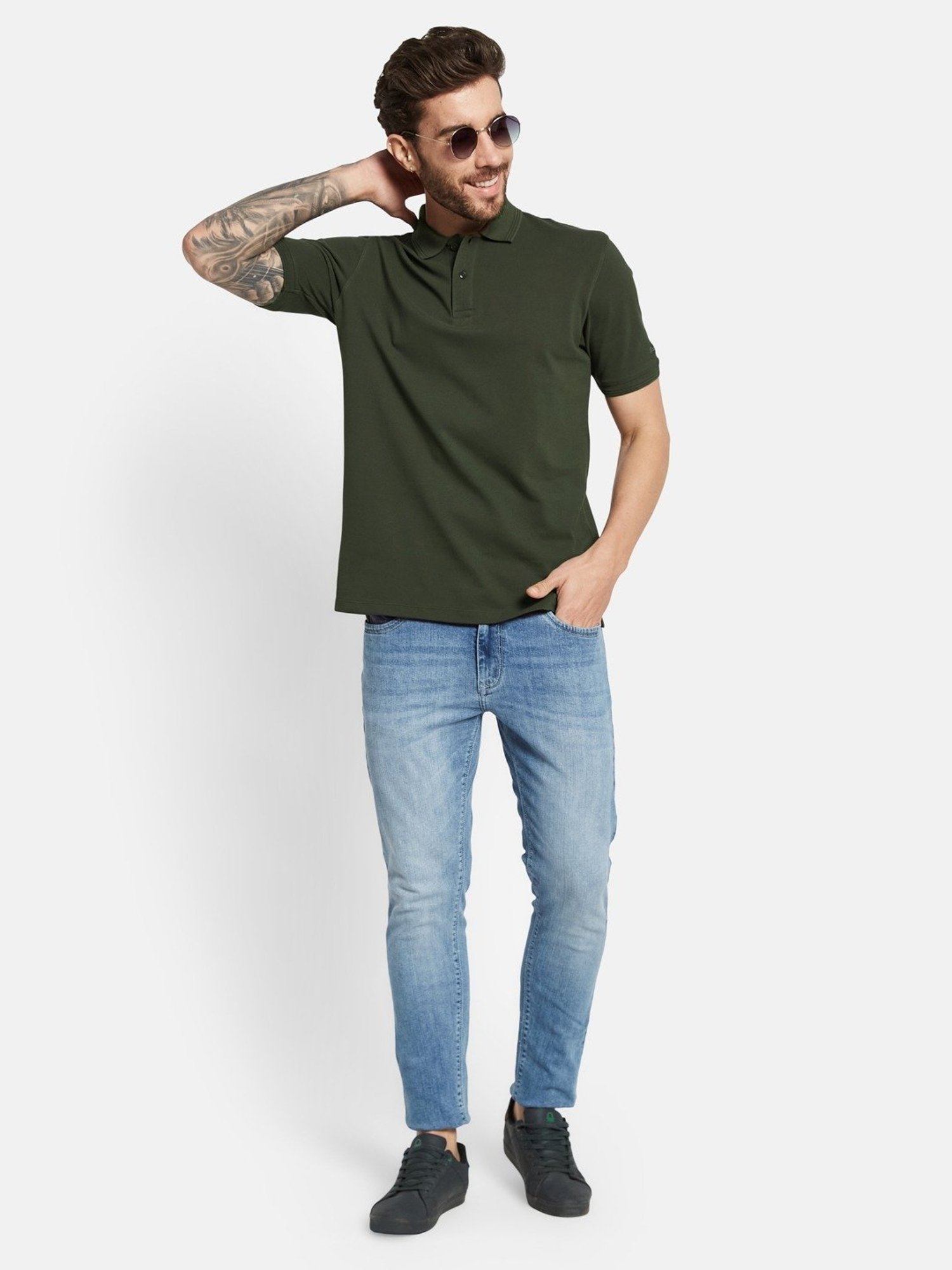 Octave Olive Cotton Regular Fit Polo T-Shirt