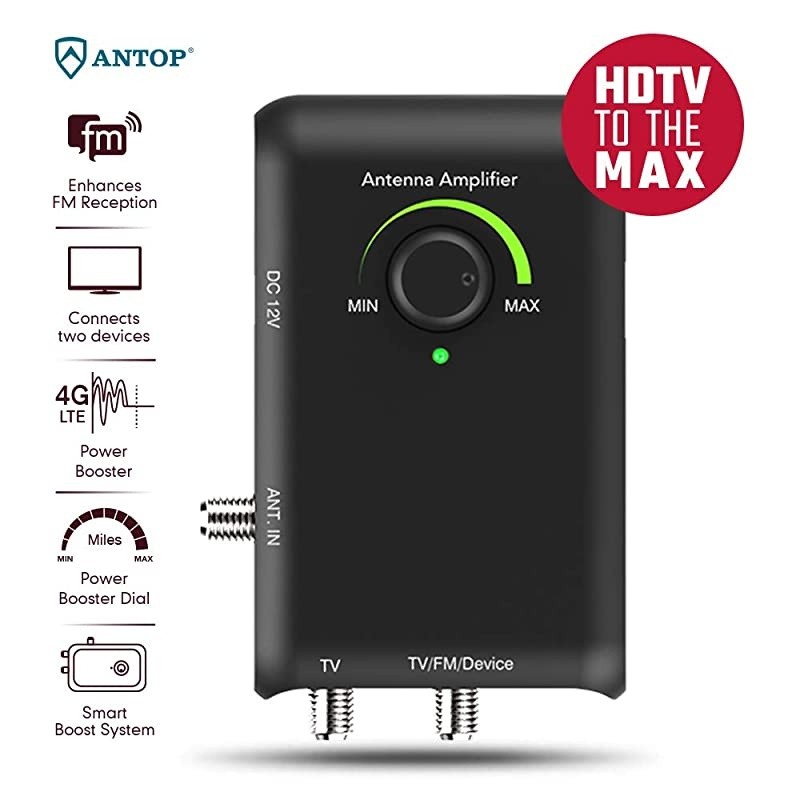 Smart Boost Amplifier with Dual Outputs for TV and Second Device- FM Stereo, a Second TV, Any OTA-Ready Streaming Device or Projector, Compatible with All Antenna,Enhances VHF/UHF/FM Reception