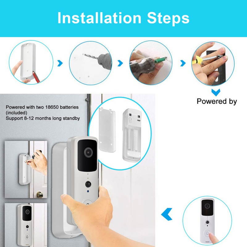 WiFi 720P Video Doorbell Camera,Waterproof IP65 Wireless Doorbell with Cloud Storage and Security Camera with Chime and Battery, Two-Way Talk, PIR Motion Detection, Night Vision
