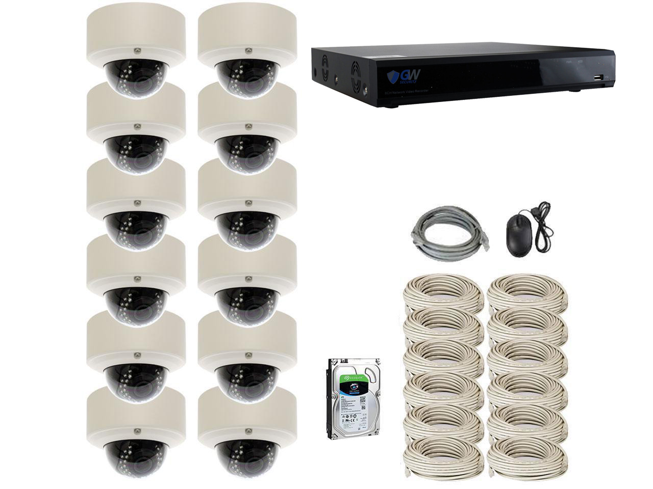 GW 16 Channel H.265 HEVC NVR w/ 4K HDMI Output 5MP Security System, 12 x HD 5MP IP PoE Camera (2592 x 1920p) In/Outdoor Digital WDR - 5 Megapixel (More Pixels Than 1080P, 300% More Detailed Than 720P)