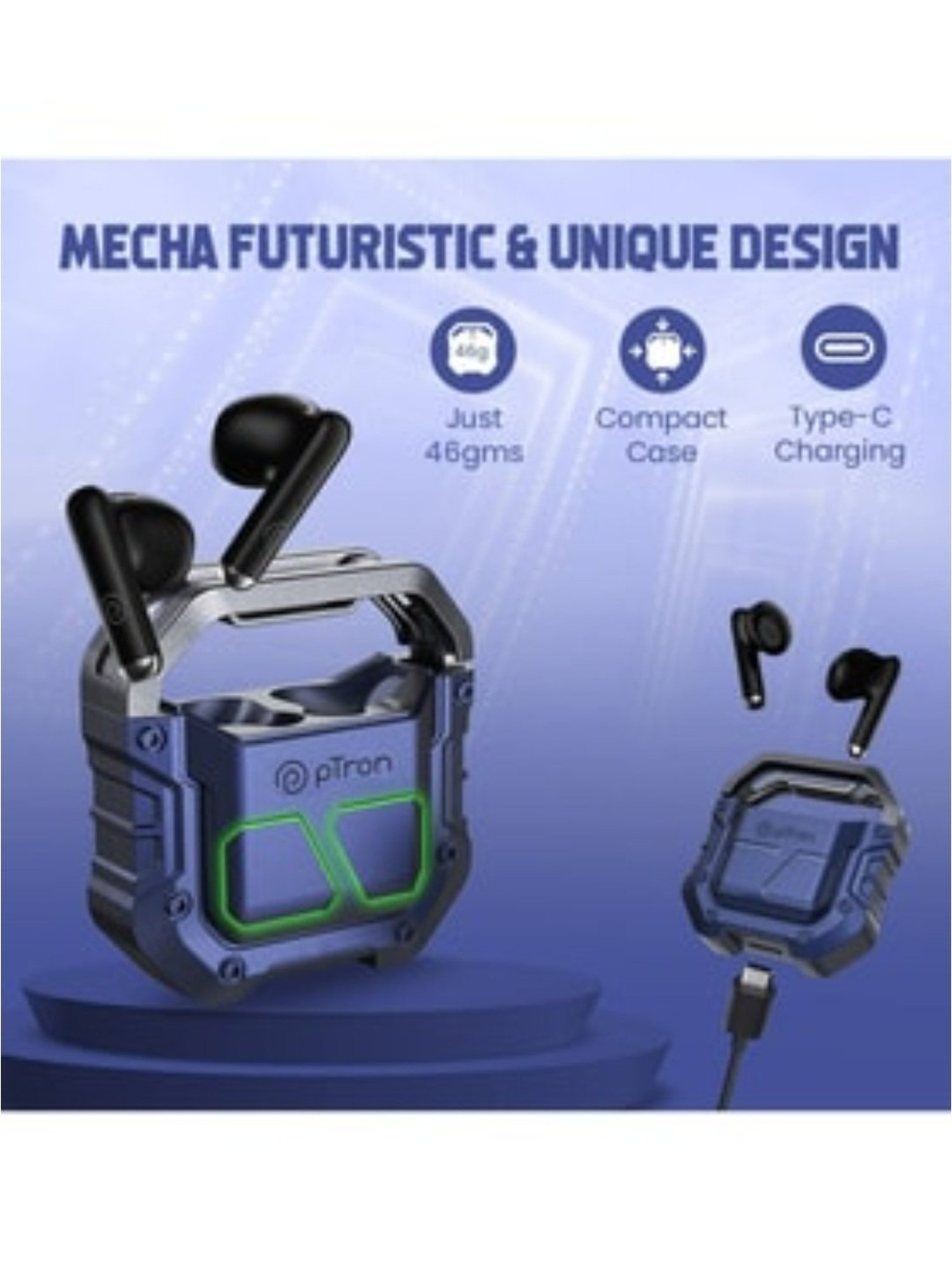 PTron Bassbuds Xtreme Bluetooth Truly Wireless Earbuds with Mic, 32 Hours Playtime (Blue & Black)