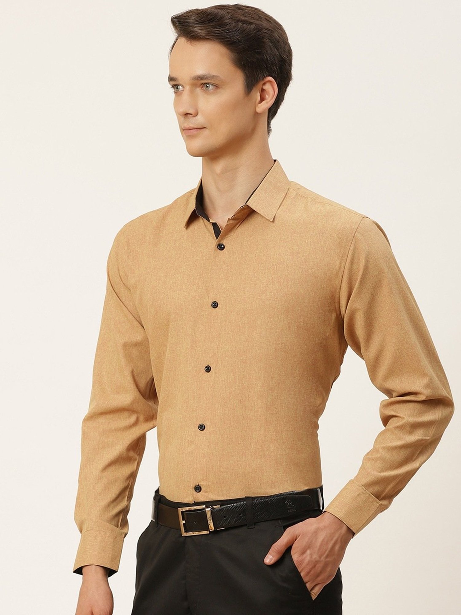 Sojanya Light Brown Cotton Regular Fit Self Pattern Shirt