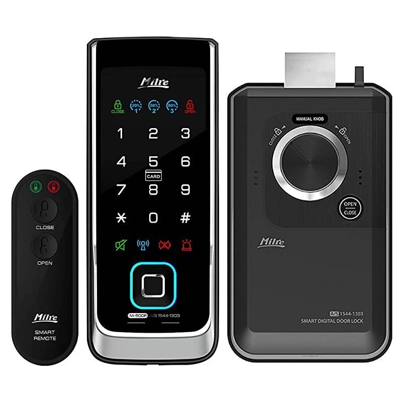 MI-500F Digital Rim Lock, Biometric Fingerprint, Remote Control, Notification Lamps, Double Locking, Manager Mode, Trespass Alarm, Battery Alarm, High Temperature Warning