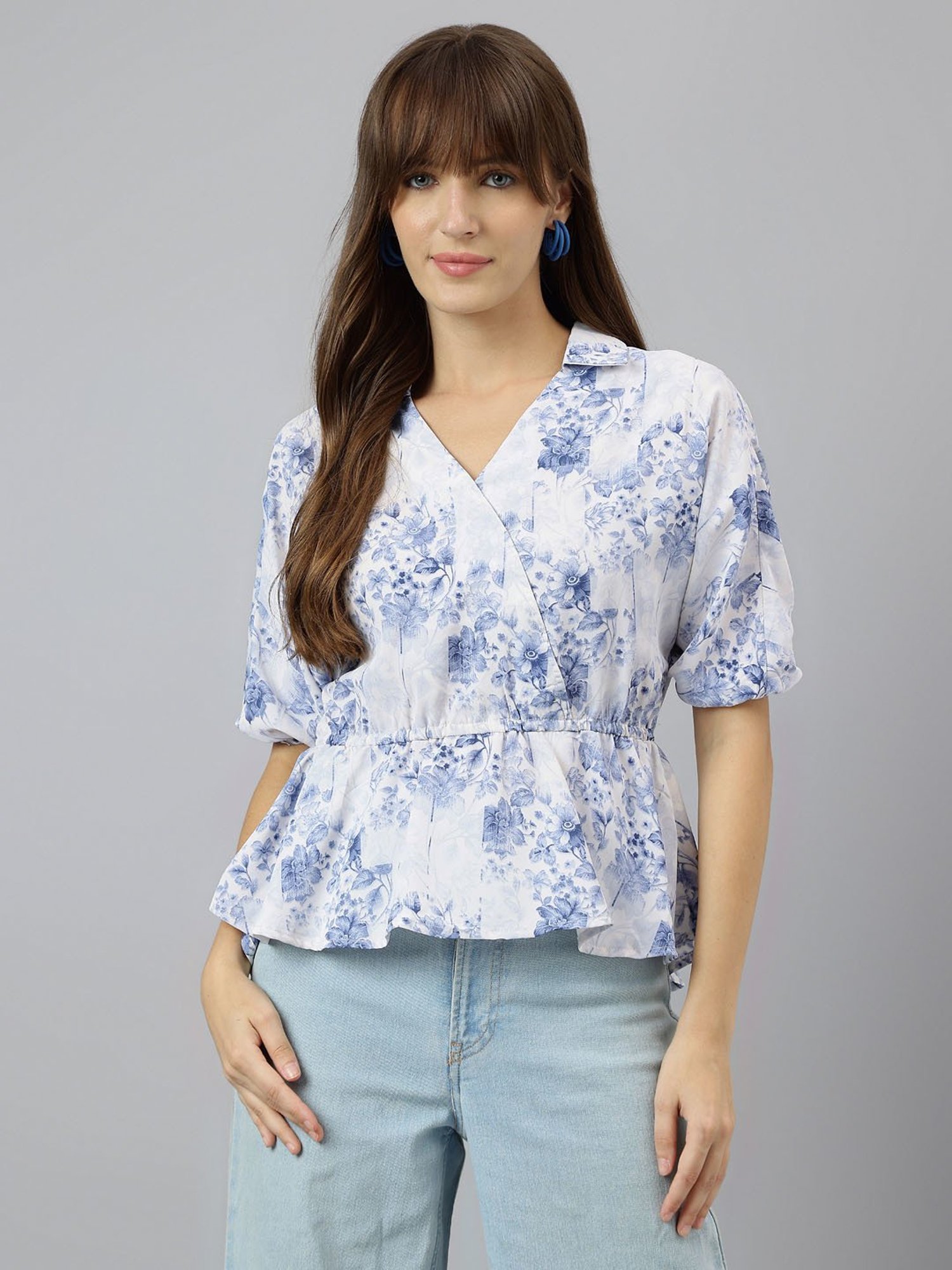 Latin Quarters Blue Printed Peplum Top