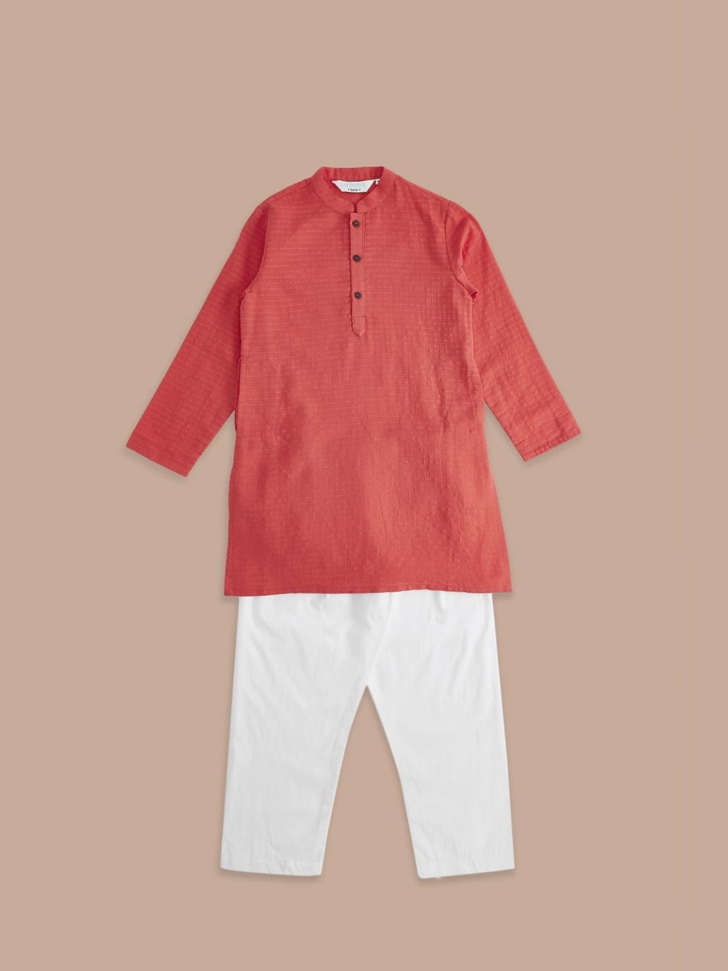 Indus Route by Pantaloons Kids Peach & White Cotton Textured Pattern Full Sleeves Kurta Set