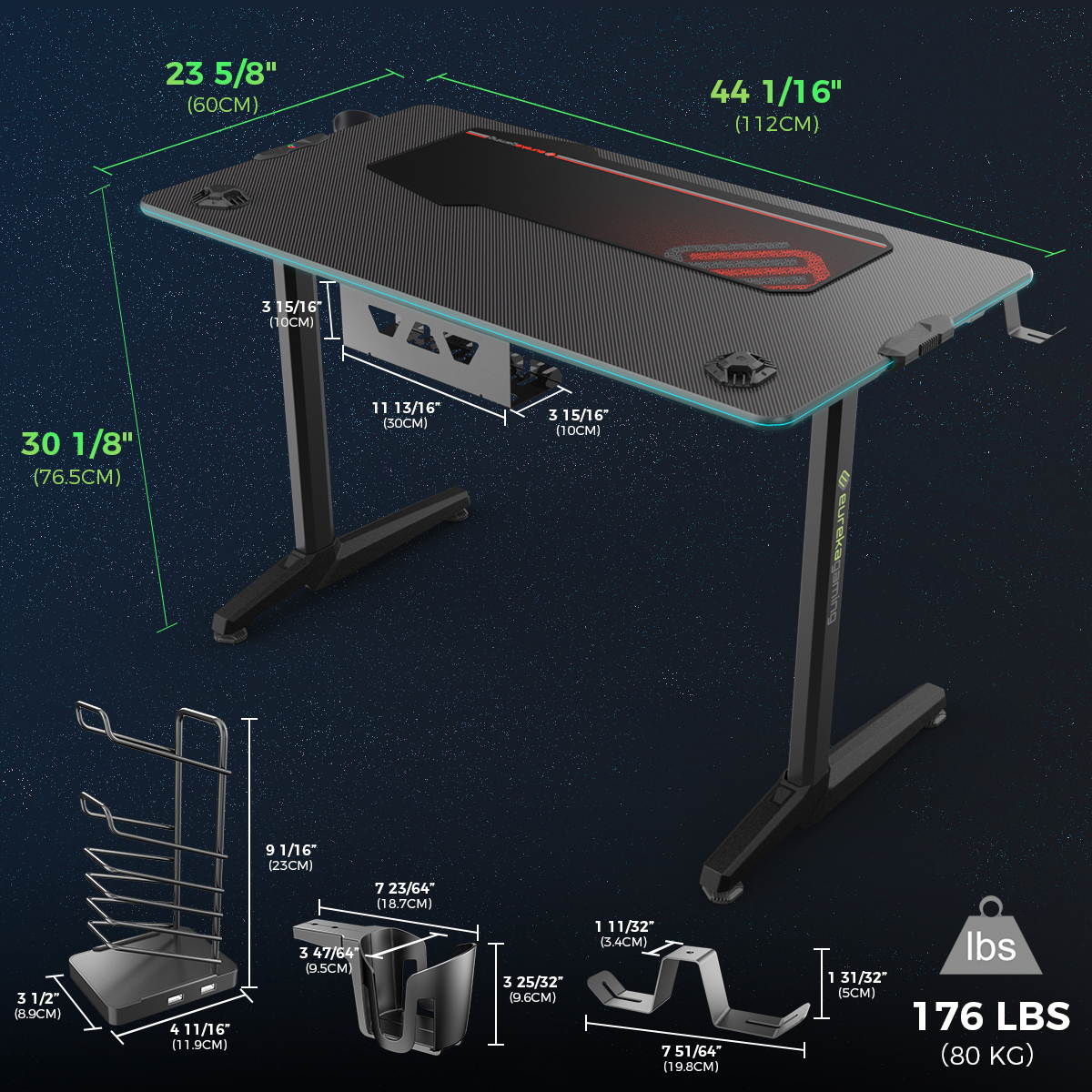 Eureka Ergonomic Gaming Computer Desk 44" Home Office Gaming PC Tables New Polygon Legs Design with RGB LED Lights, Colonel Series GIP-44B, Black