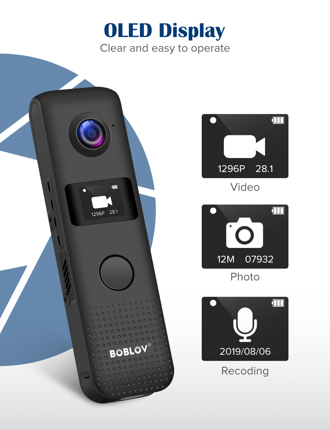 BOBLOV 1296P Professional Body Worn Camera Mini Camera with screen