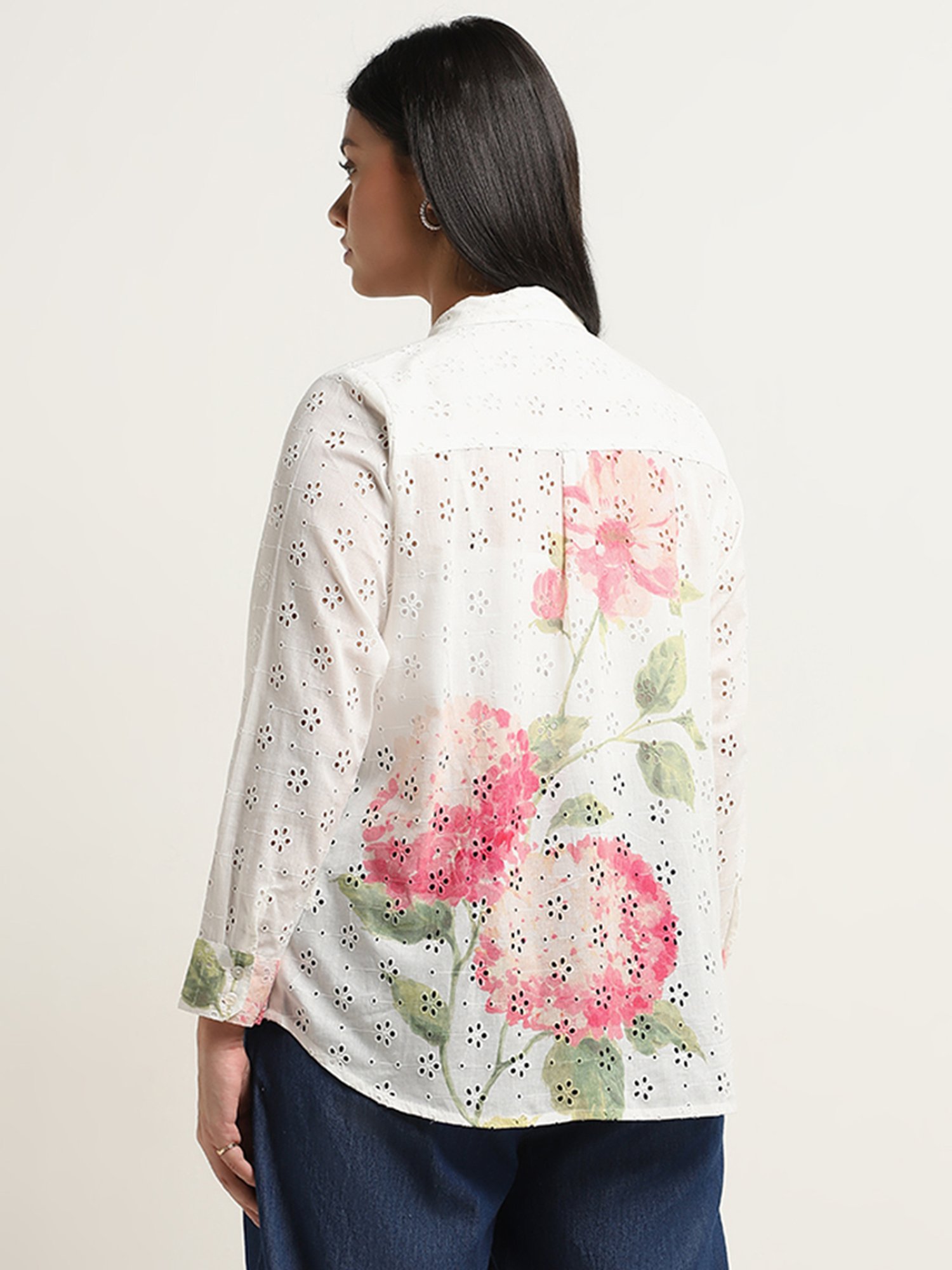 Diza by Westside Pink Floral Schiffli Design Straight Cotton Tunic