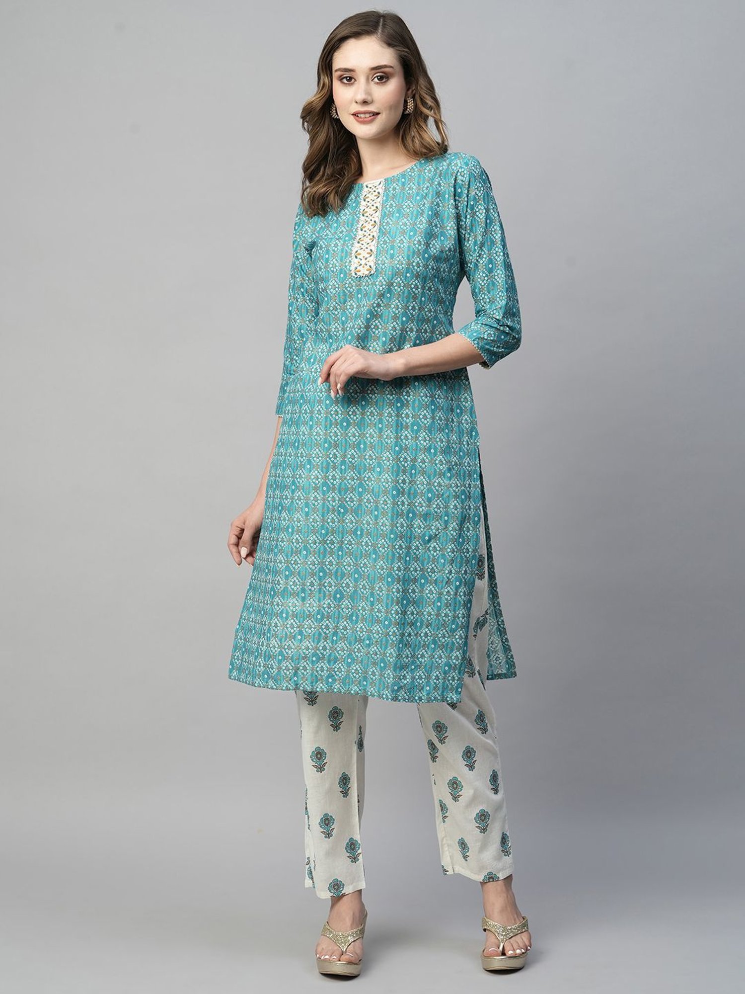 KIANA Blue & White Cotton Printed Kurta Pant Set With Dupatta
