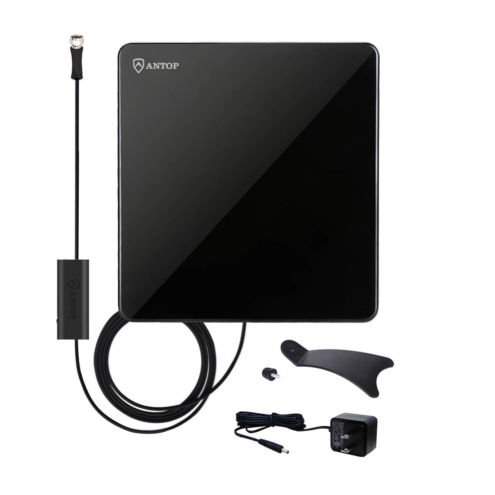 Antop Flat AT-206B Indoor TV Antnena - With Inline Smart Pass Amplifier - 40/50 Mile Smart Range - Omni-directional Reception - Super Slim 0.03" - Piano Black -10ft Cable - 4K UHD Ready
