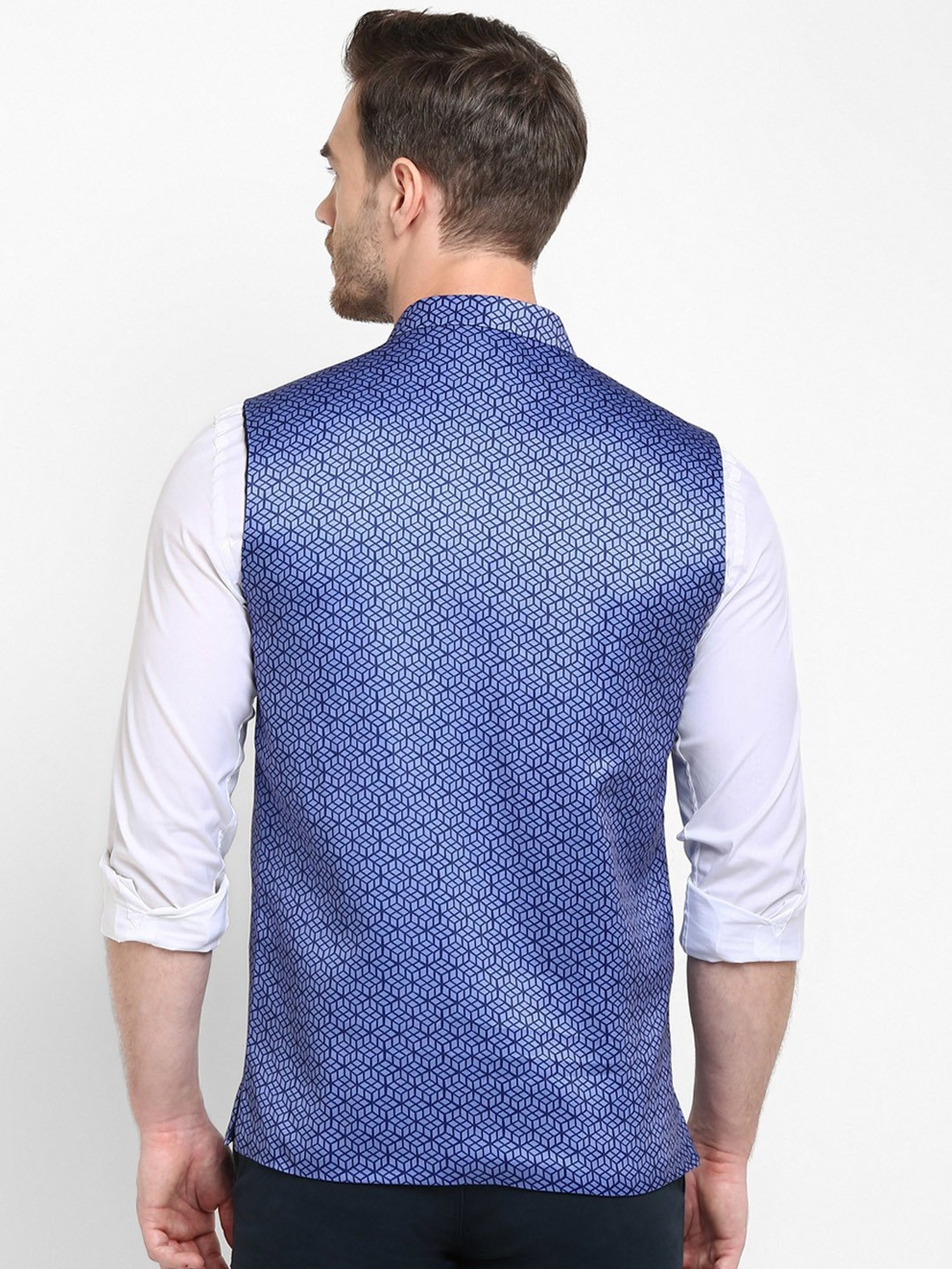 Hangup Plus Indigo Regular Fit Printed Nehru Jacket