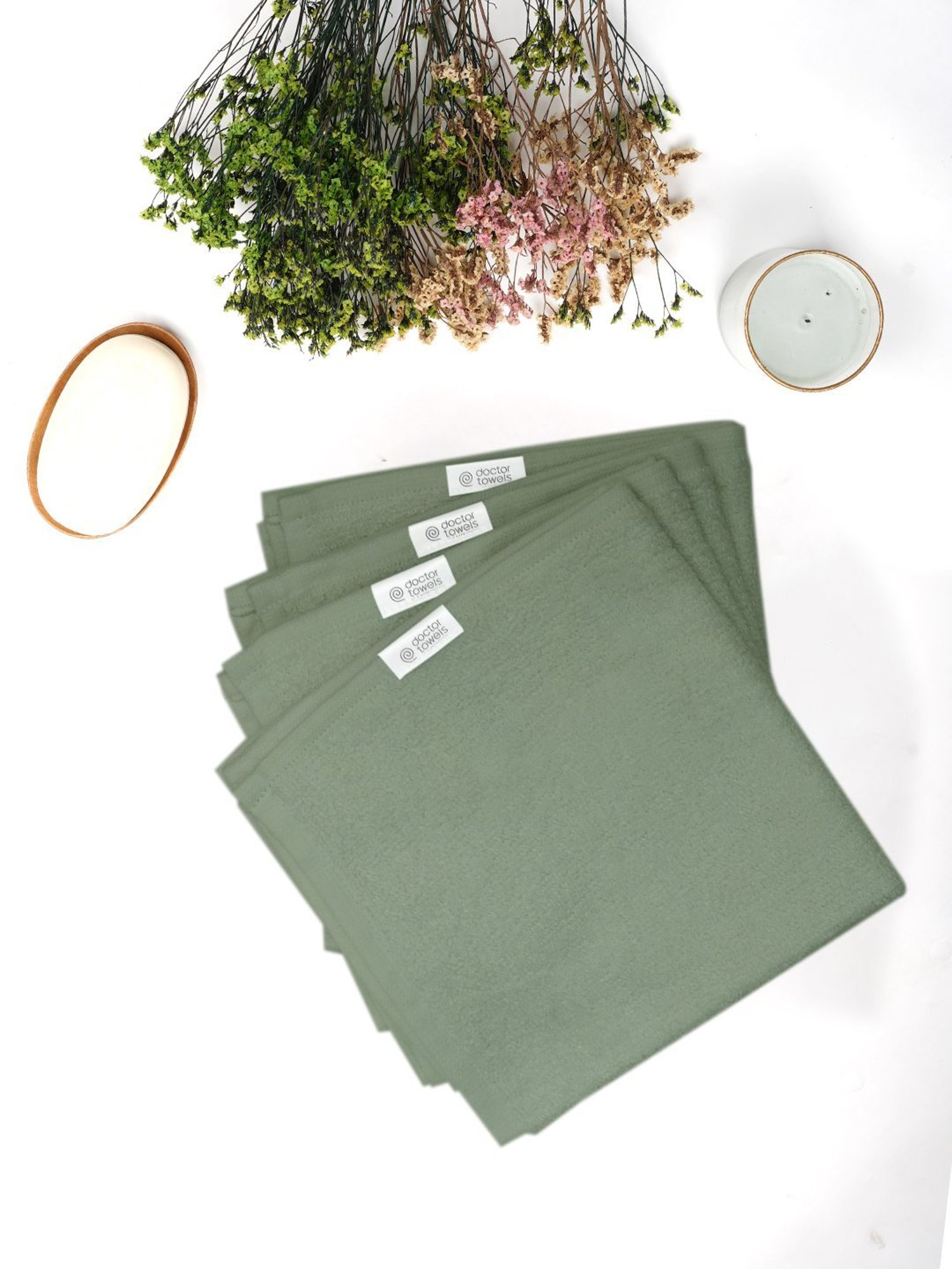 Doctor Towels Bamboo Terry Green 650 GSM Viscose Face Towel (Set of 4)