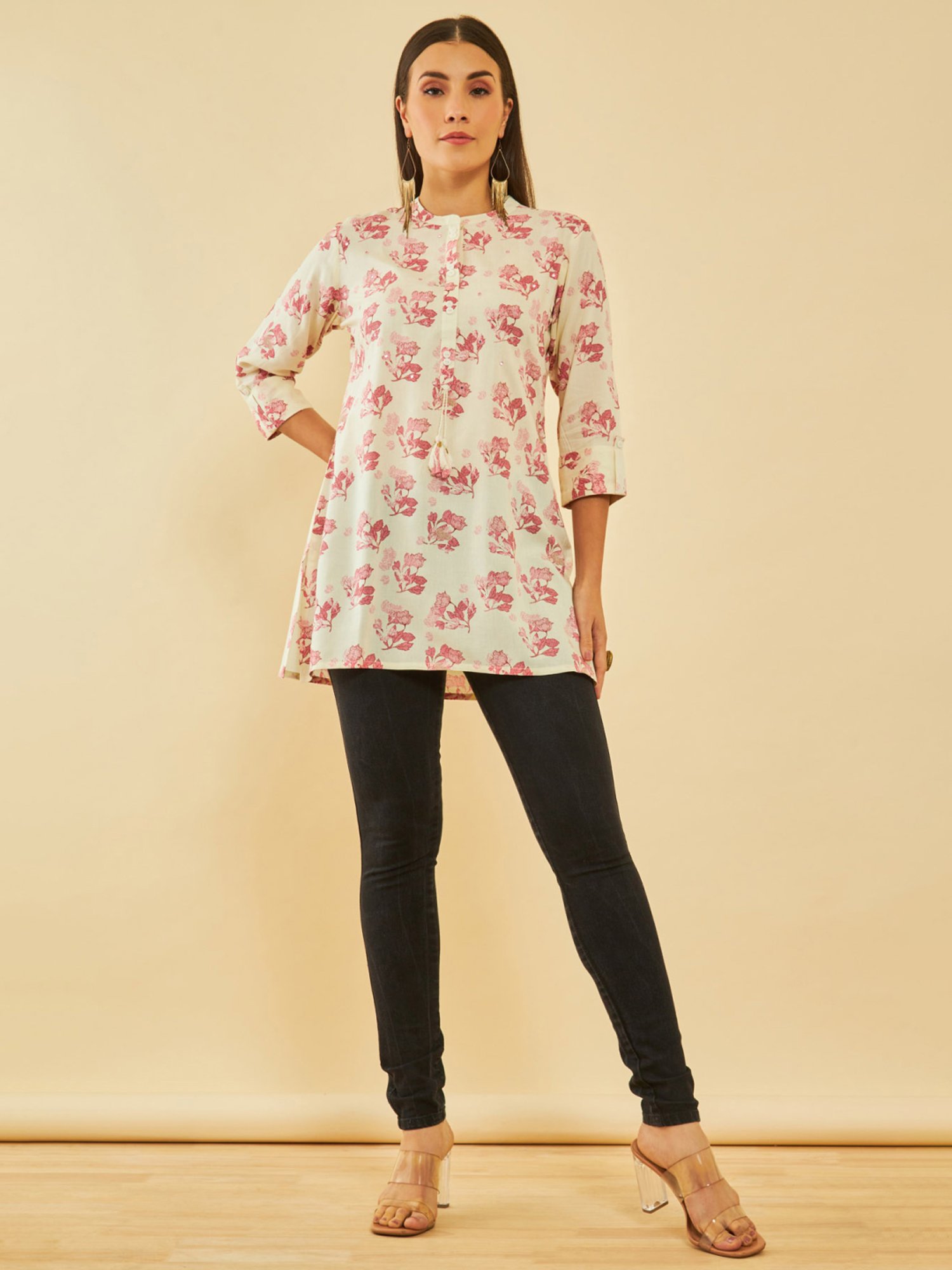 Soch Off White Rayon Floral Printed Tunic With Faux Mirror