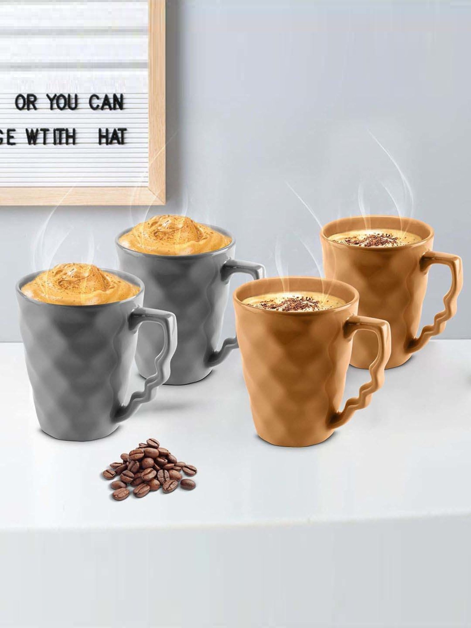 Urban Chef Grey & Brown Ceramic Microwave Safe Coffee Mug (0.225 L) - Set of 4