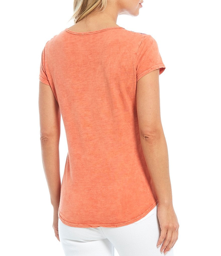 Reba Angelica Embroidered Cross V-Neck Short Sleeve Tee