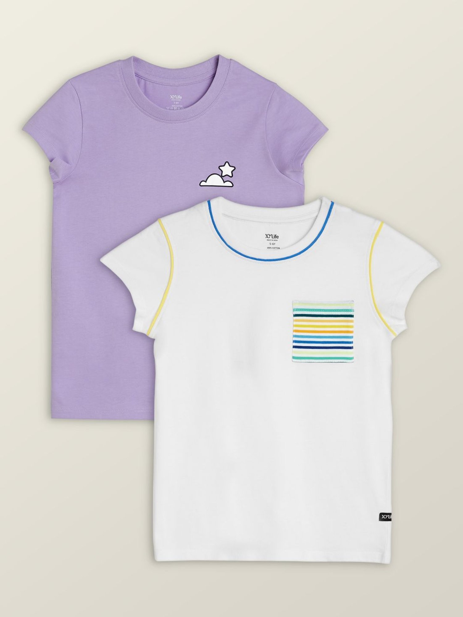 XY Life Kids White & Purple Cotton Printed T-Shirt (Pack of 2)