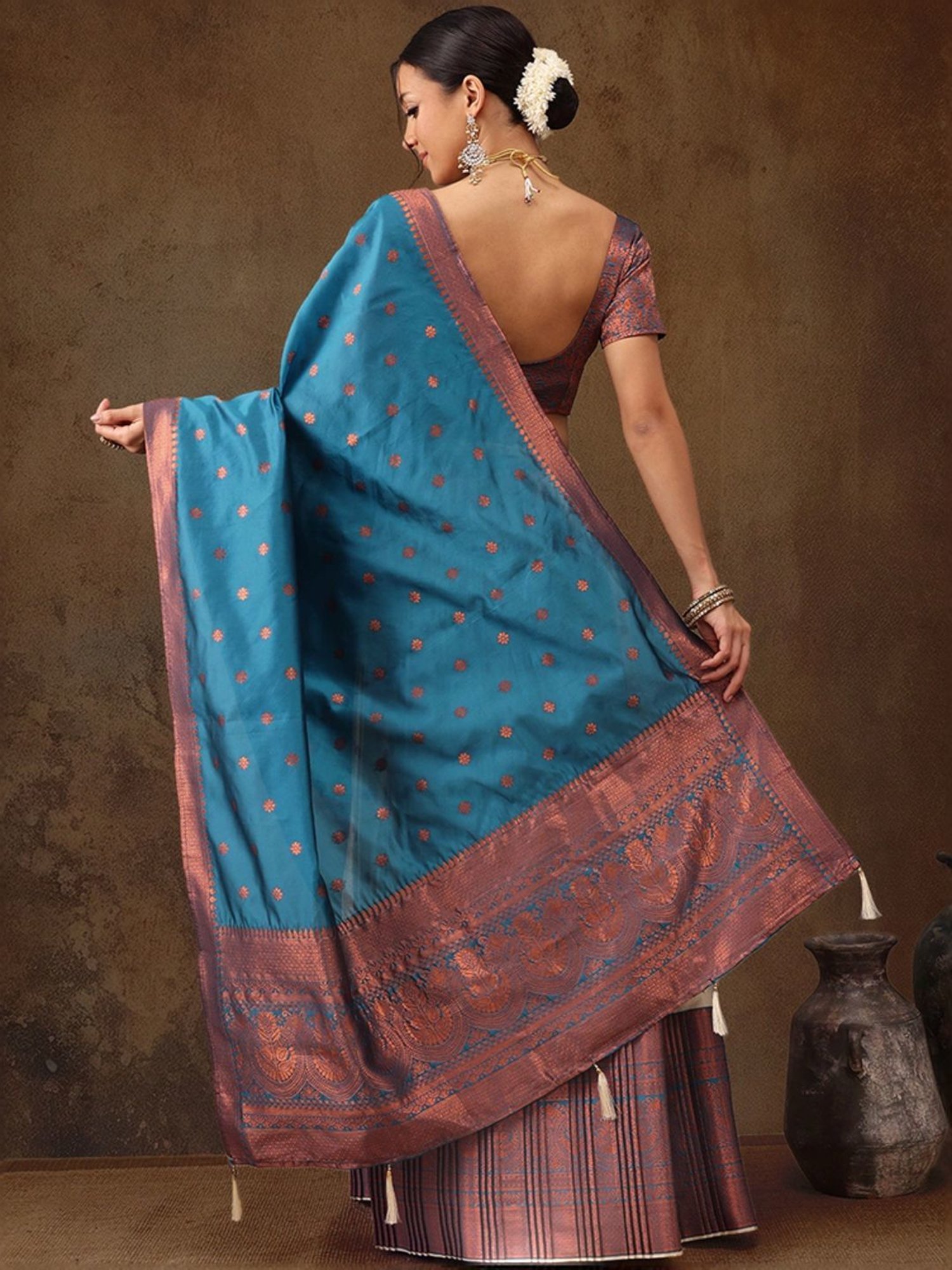 Silk Land Beige & Blue Woven Pattern Semi Stitched Lehenga Choli Set With Duppata