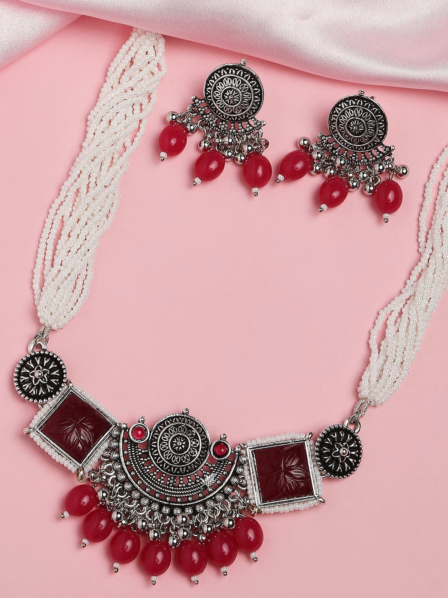 OOMPH Oxidized Silver Tone Maroon PinkJaipur Stone Choker Necklace Set with Drop Earrings