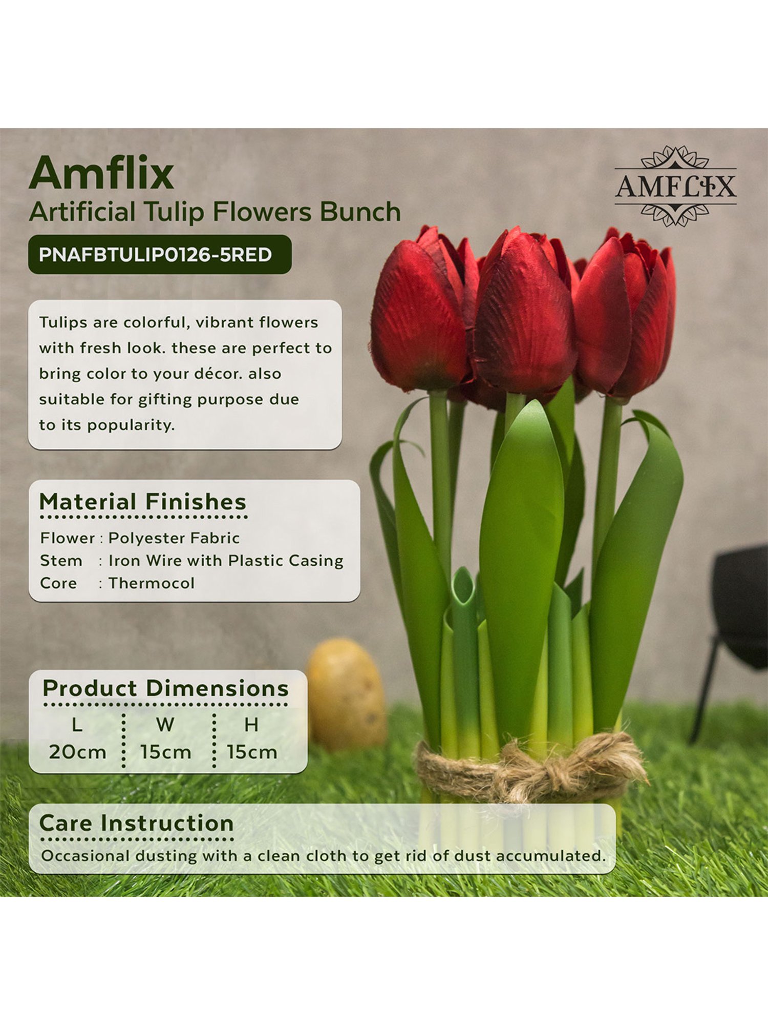 Amflix Red Artificial Tulip Flowers Bunch