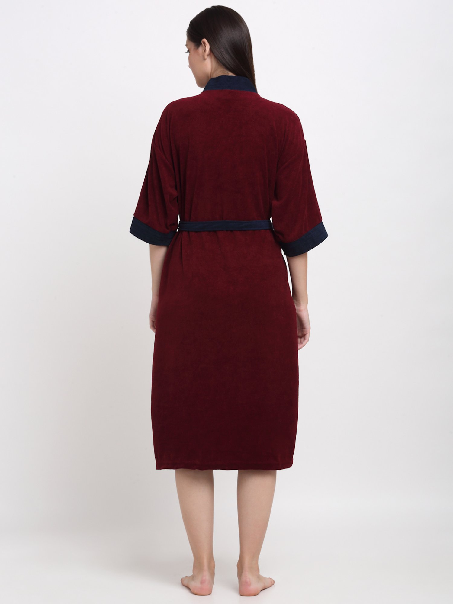 Creeva Everyday Wine & Navy 225 GSM Micro Terry Bathrobe with Front Pocket & Kimono Collar