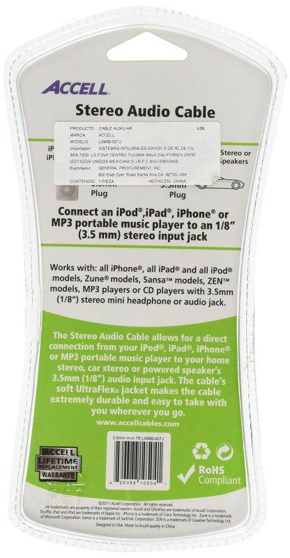 Accell 3.5mm Stereo Audio Cable - 7 Feet, White, 3.5mm (Male) to 3.5mm (Male)