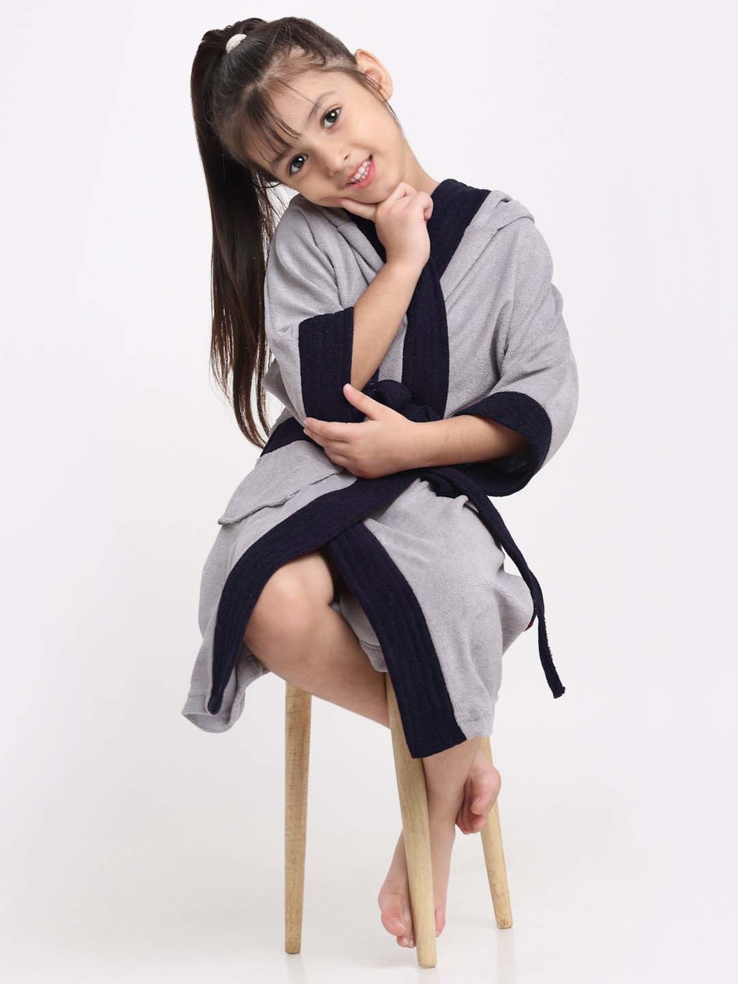 Creeva Melodious Grey & Navy Micro Terry 225 GSM Kids Hooded Bathrobe 6-7 Years With Pocket
