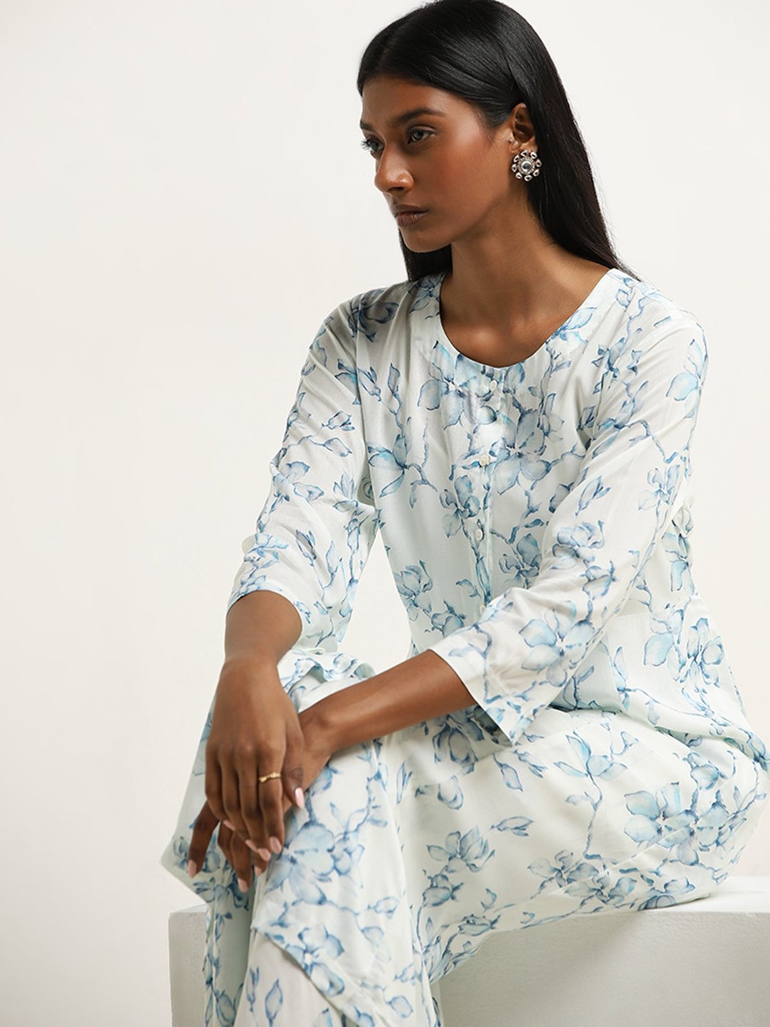 Zuba by Westside Light Blue Floral Design A-Line Kurta