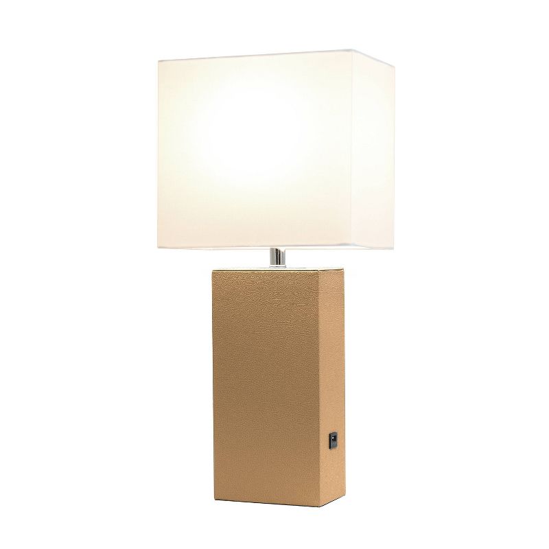 Modern Leather Table Lamp with USB and Fabric Shade Beige - Elegant Designs