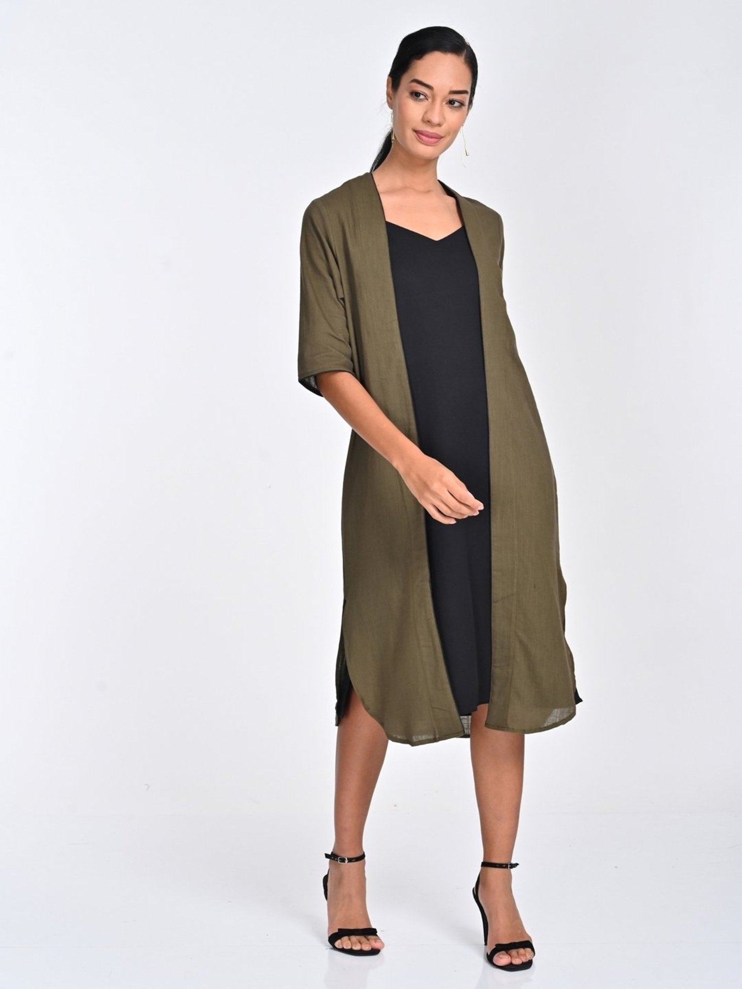Saltpetre Women Olive with Black Piping Open Front Long Overlay