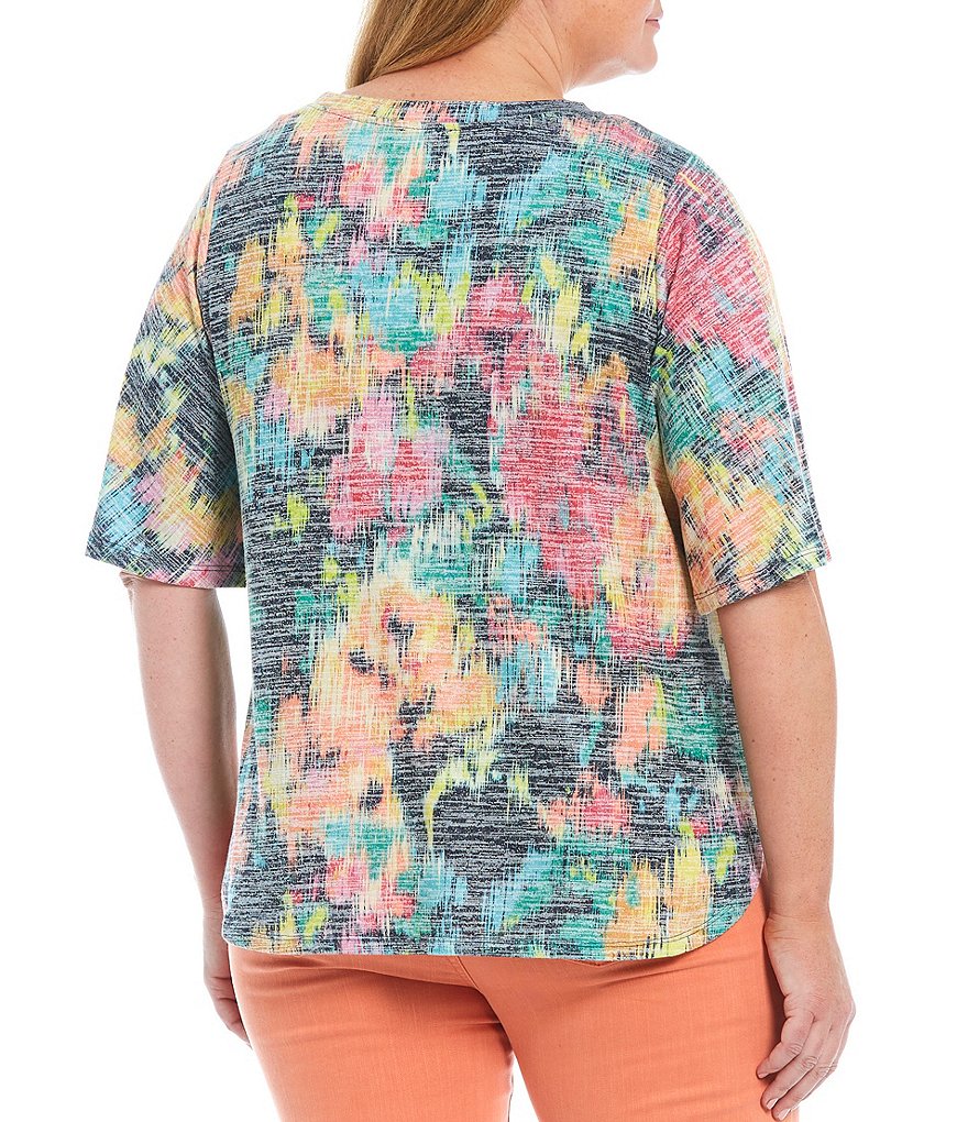 Westbound Plus Size Blur Ikat Print Crew Neck Flounce Short Sleeve Top