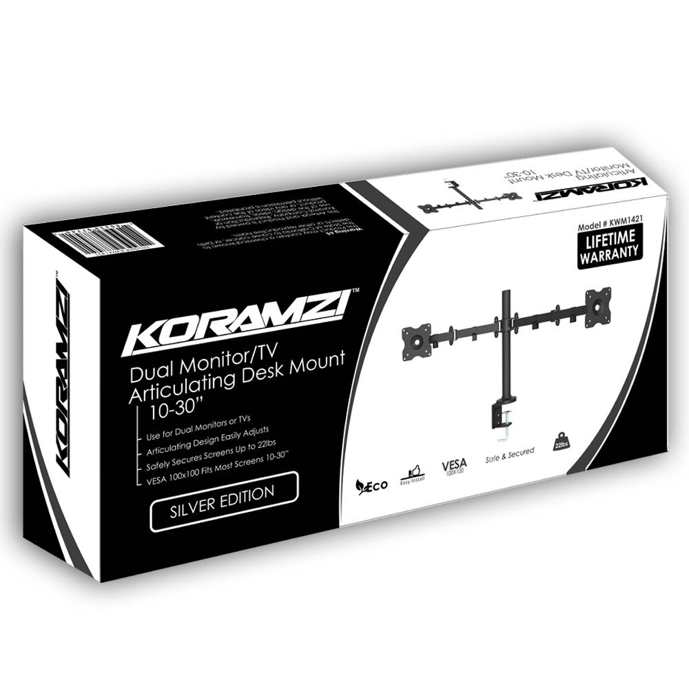 Koramzi Desk Dual Mount Stand for LCD/LED Monitor and TV Heavy Duty Fully Adjustable Arms and height, Fits 10" to 30" Monitors and TVs Includes wire clips- KWM1421 (Dual Arm)