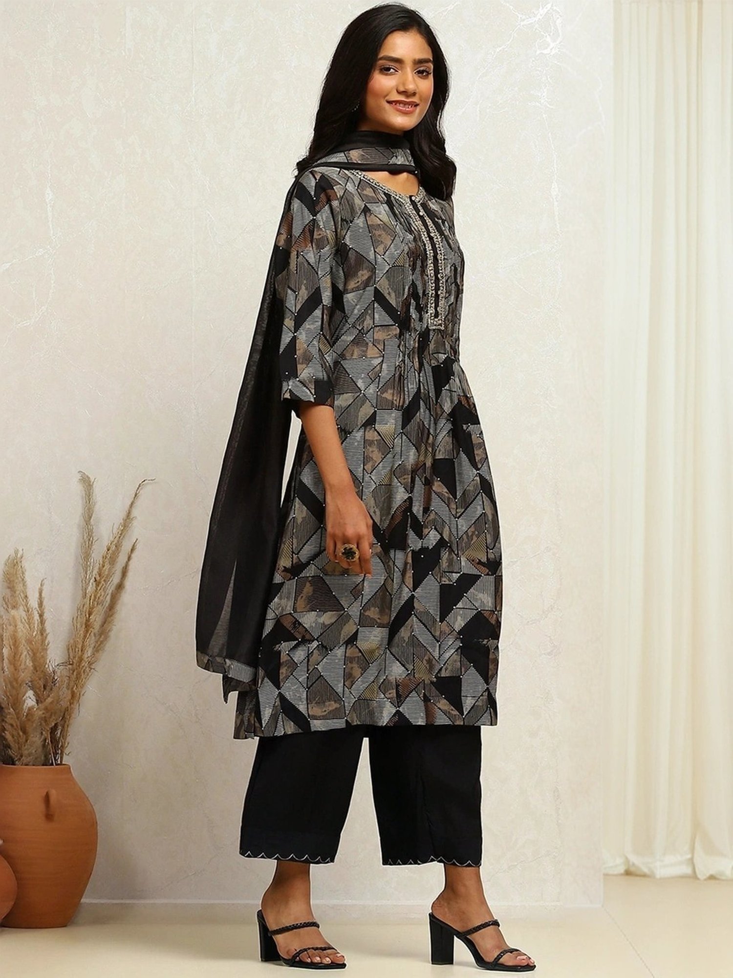 Biba Black Printed Kurta Palazzo Set With Dupatta