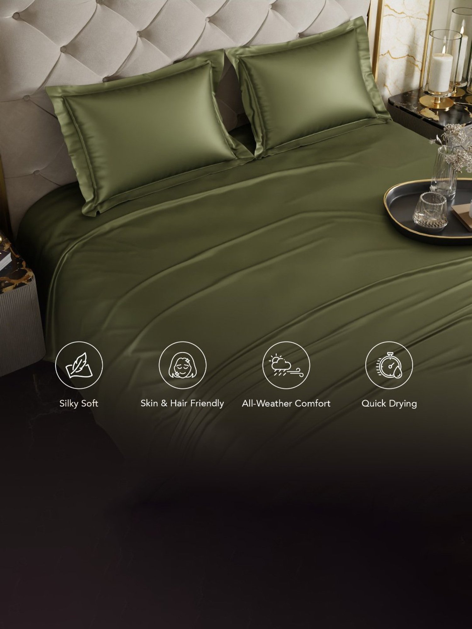 Stoa Paris Date Night Collection Olive Oasis Polyester 300 TC Double Bed Sheet With 2 Pillow Covers