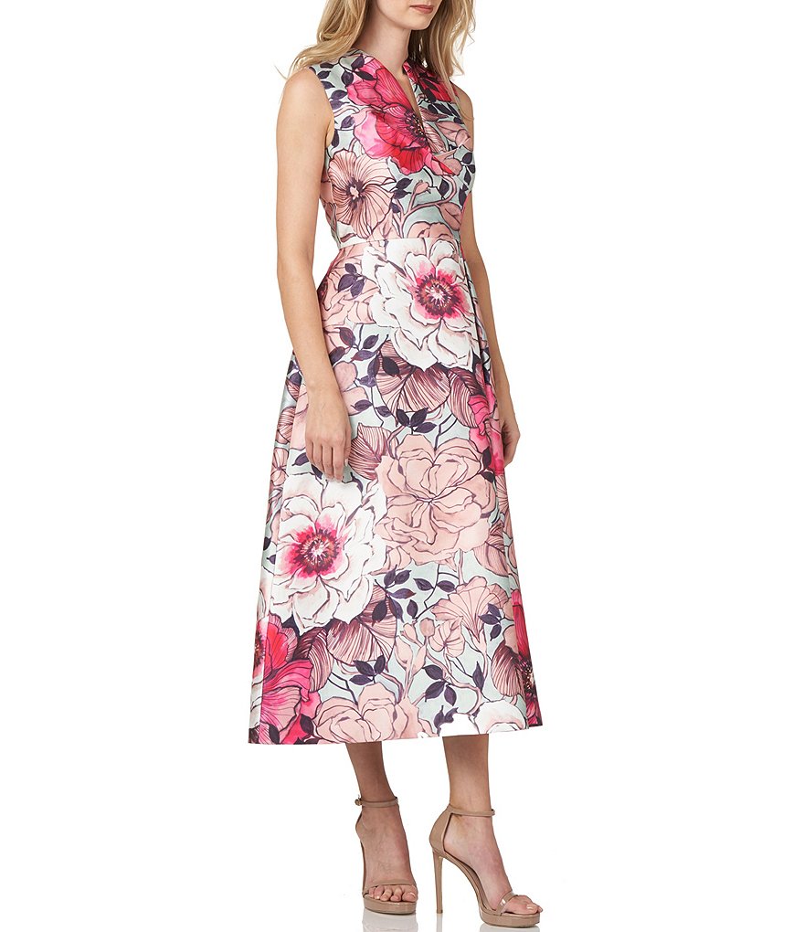 Kay Unger Floral Mikado Split V-Neck Sleeveless A-Line Midi Dress