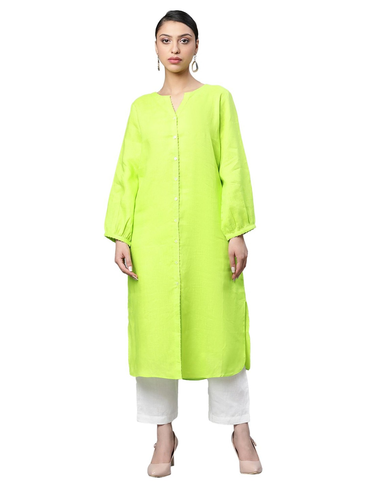 Linen Club Woman Lime Green Straight Kurta