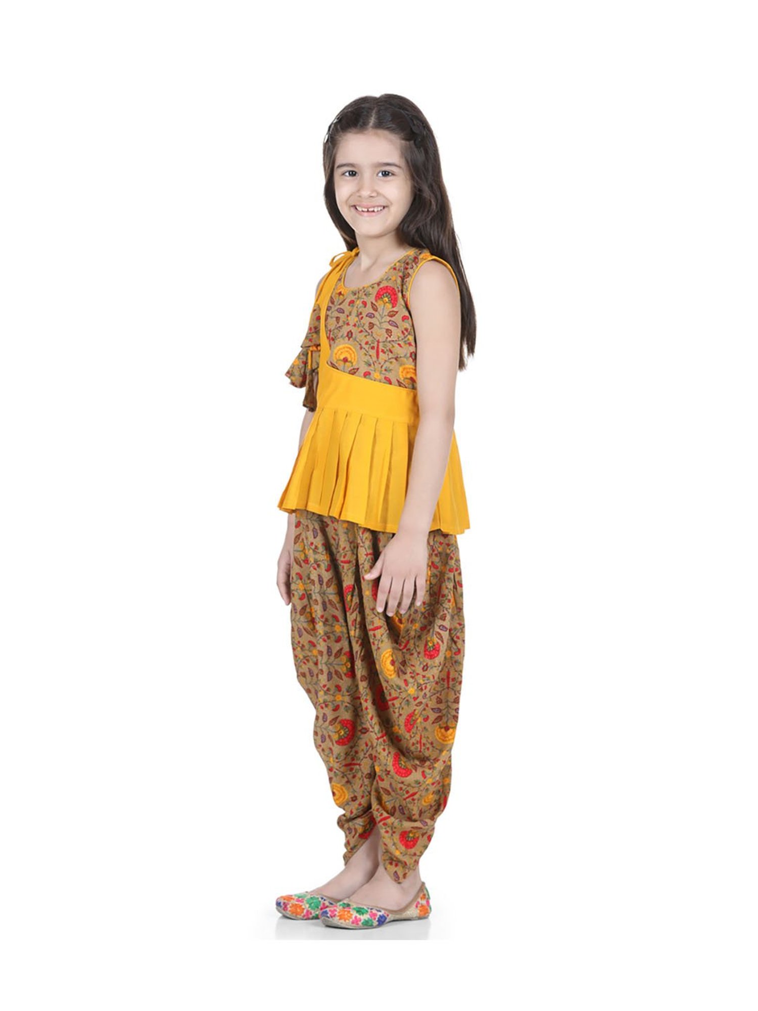 BownBee Kids Brown & Yellow Printed Kaftan with Dhoti