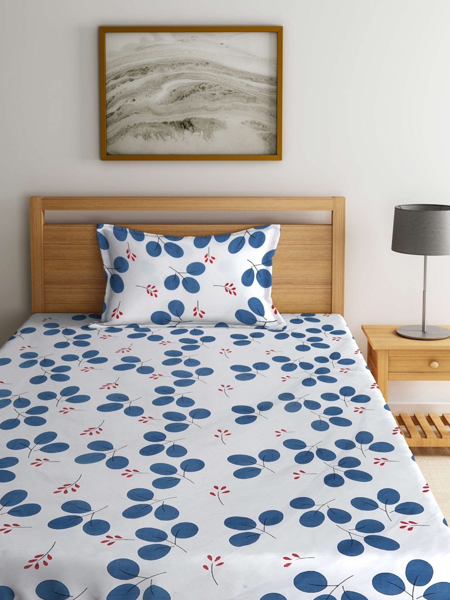 Klotthe Printed White & Blue 300 TC Cotton Blend Single Bed Sheet with Pillow Cover