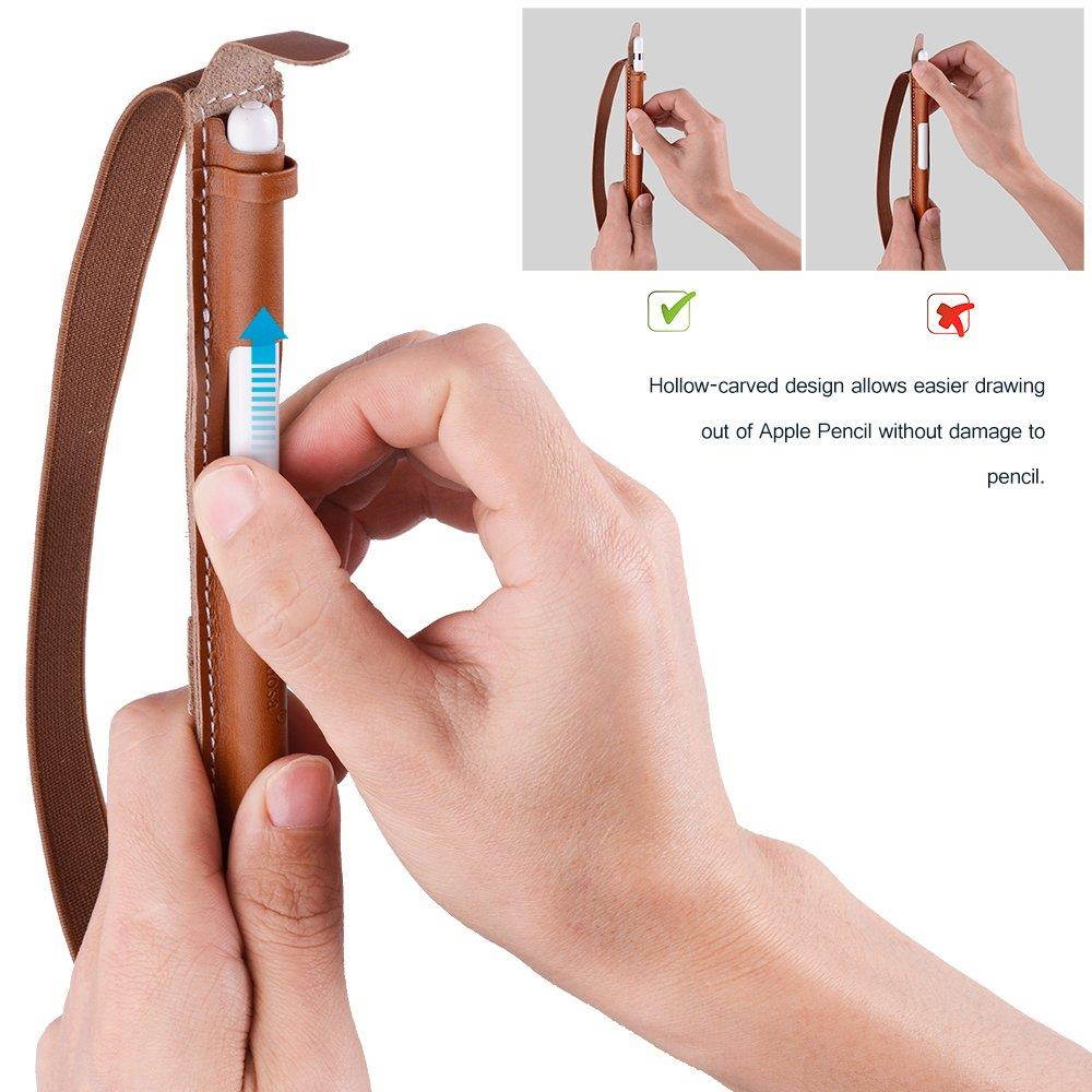 Fullmosa 4 Colors for Apple Pencil Holder, Genuine Leather Apple Pencil Sleeve with USB pocket Handmade Compatible with iPad Pro 12.9" Cases, Brown