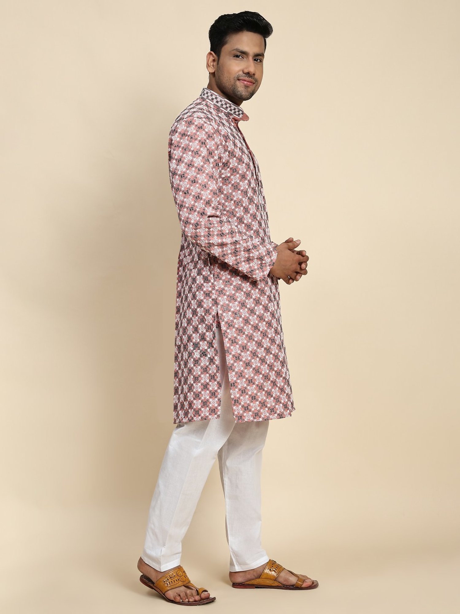 Pro-Ethic Style Developer Peach & White Cotton Regular Fit Embellished Kurta Bottom Set