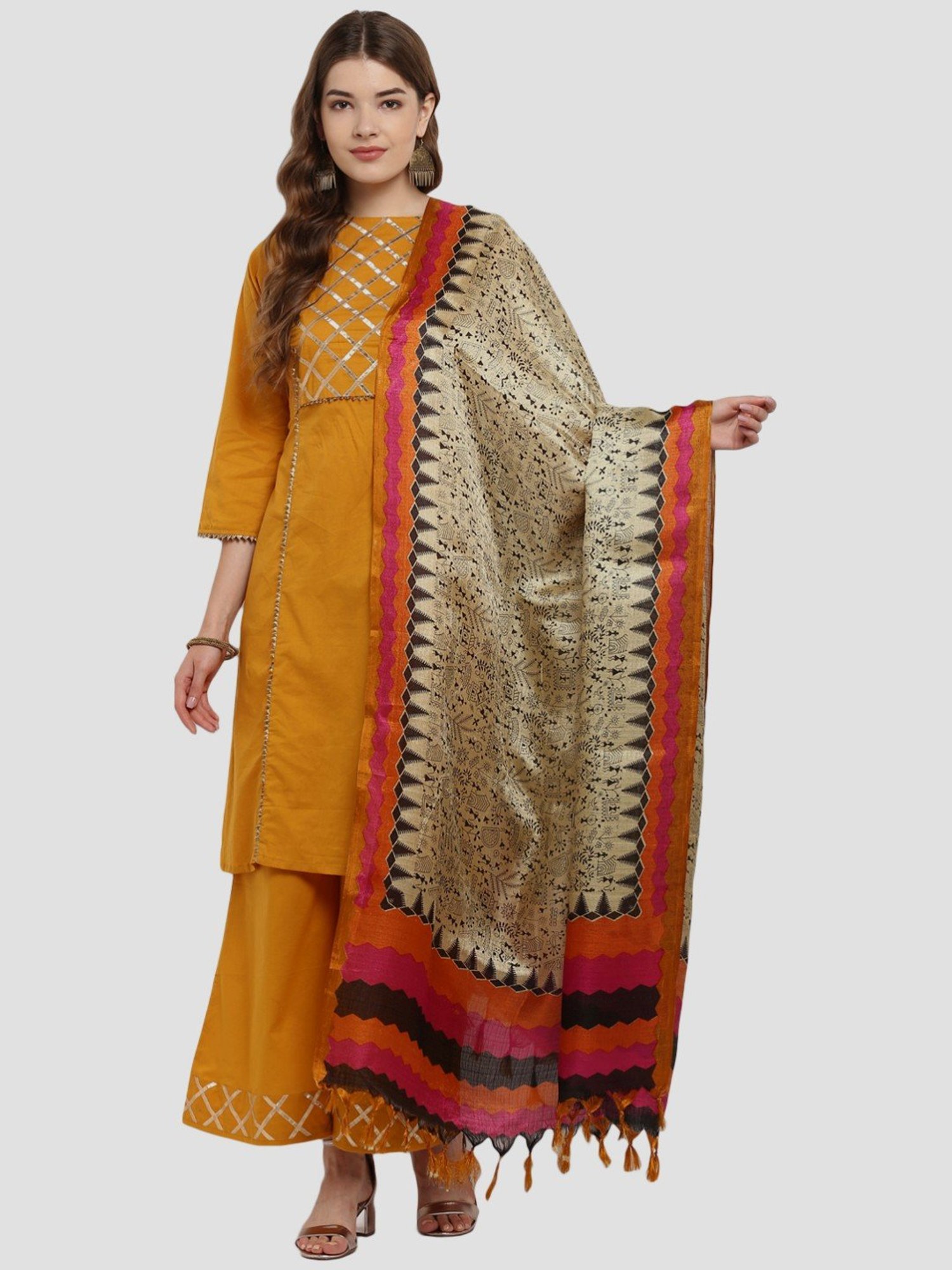 Saree Mall Beige & Pink Printed Dupatta