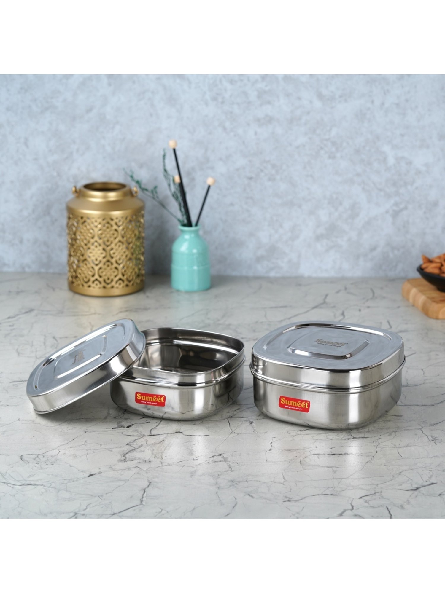Sumeet S.S.Square Storage container box/Dabba for Kitchen,Set of 2Pc,550ml & 700ml, 11cm & 12.5cm