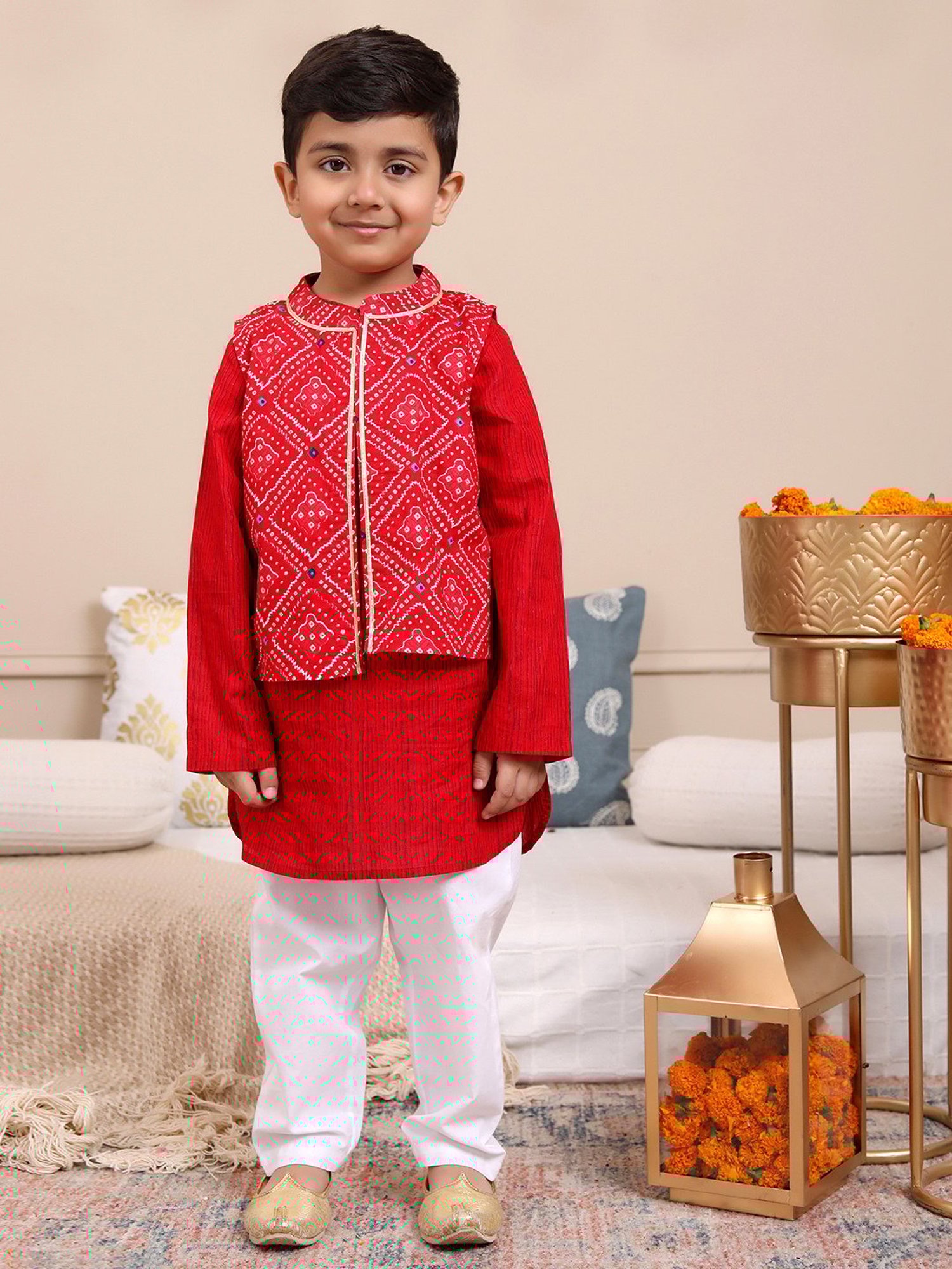 Budding Bees Boys Red & White Printed Full Sleeves Kurta, Pyjamas & Nehru Jacket