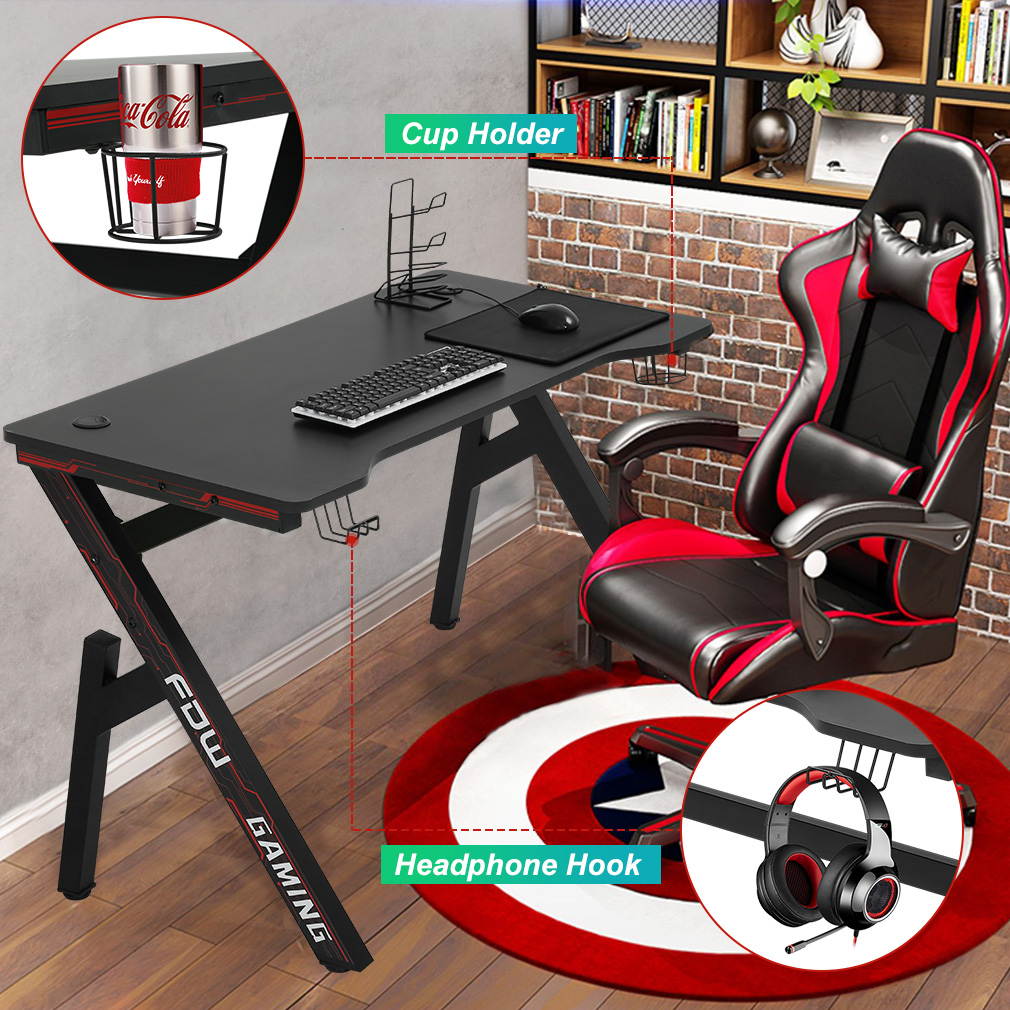 Gaming Computer Desk Home Office Desk Extra Large Modern Ergonomic Black PC Carbon Fiber Writing Desk Table with Cup Holder Headphone Hook