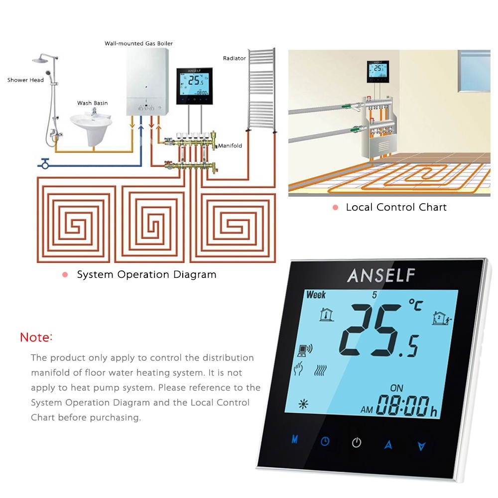 Anself 3A 110~240V Water Heating Energy Saving WIFI Smart Thermostat with Touchscreen LCD Display Durable Programmable Temperature Controller Good Quality Home Improvement Product Thermostat for Floor