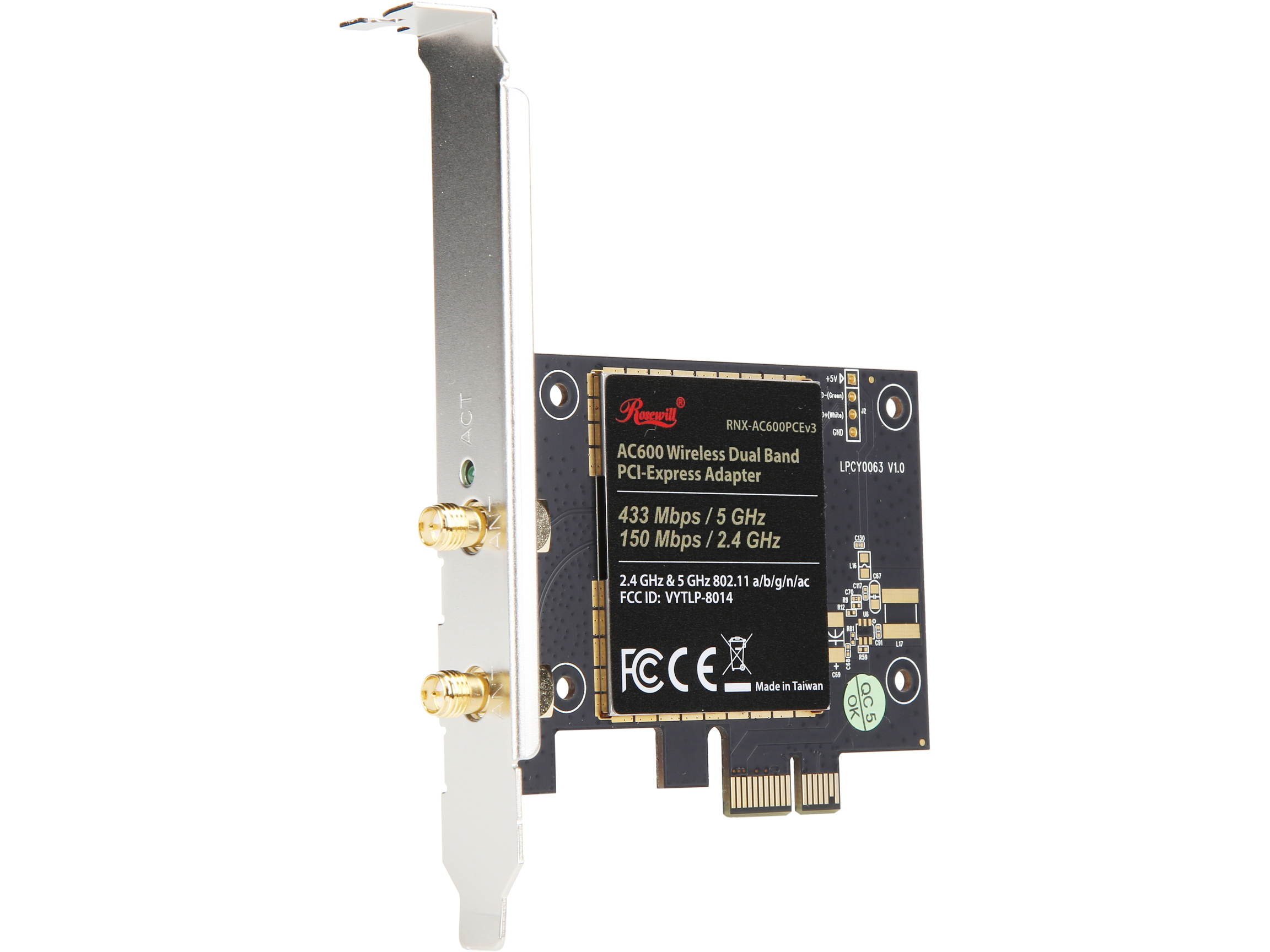 Rosewill Wi-Fi Adapter / Wireless AC600 Adapter / PCI Express Network Card, Dual Band Wireless 11AC Wi-Fi Card / Adapter, Up to 433 Mbps (5.0 GHz) + 150 Mbps (2.4 GHz) - RNX-AC600PCEv3