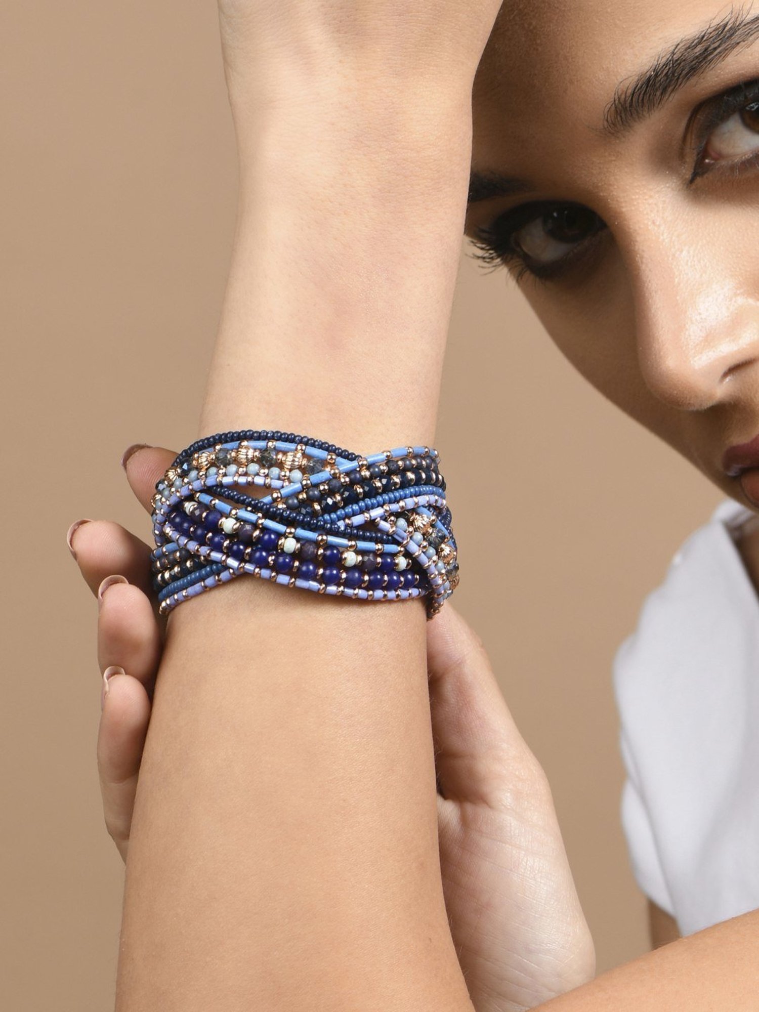 Accessorize London Women's Blue Beaded Woven Cuff Bracelet