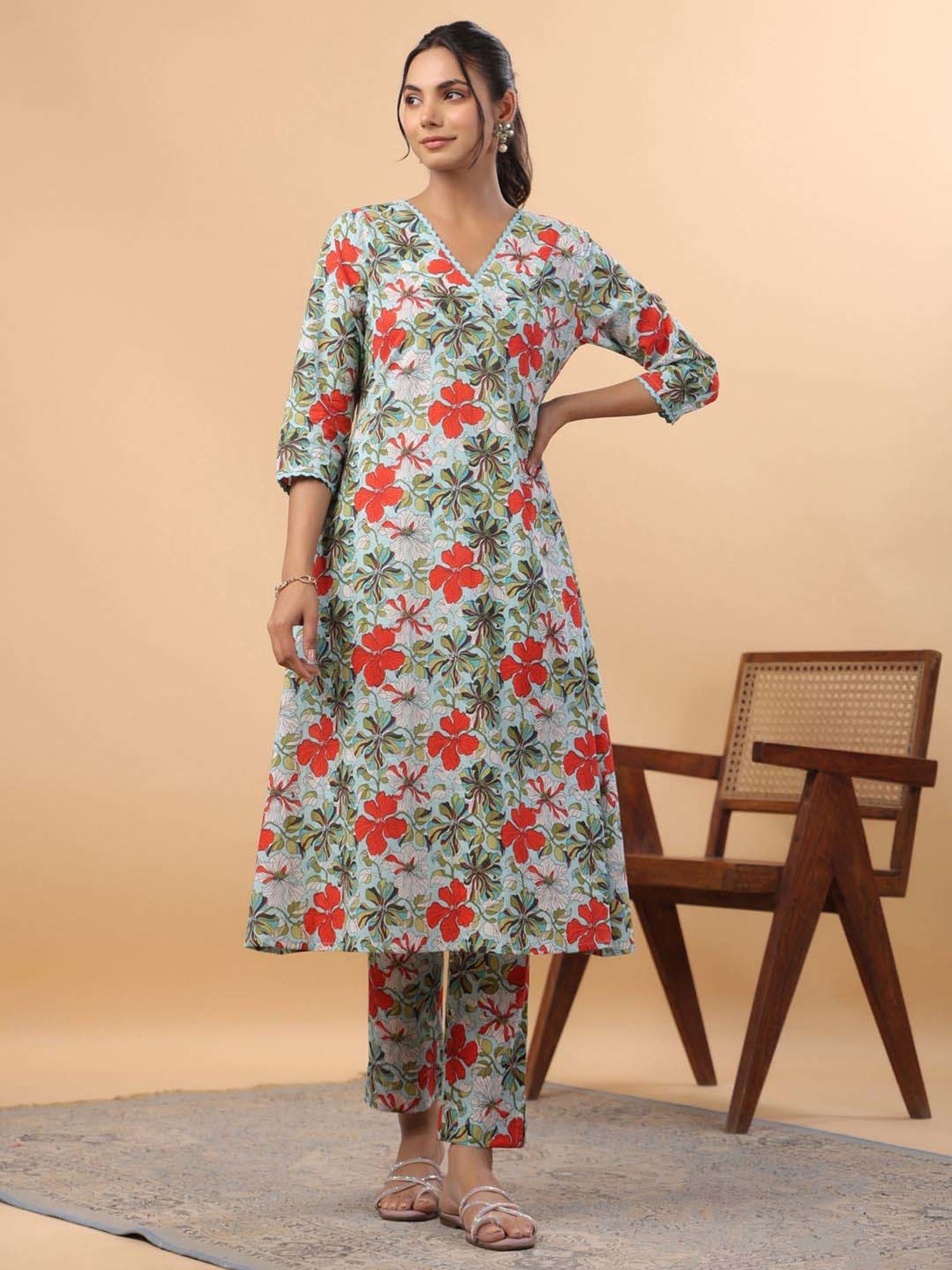 Janasya Blue Cotton Floral Print Co-Ord Set